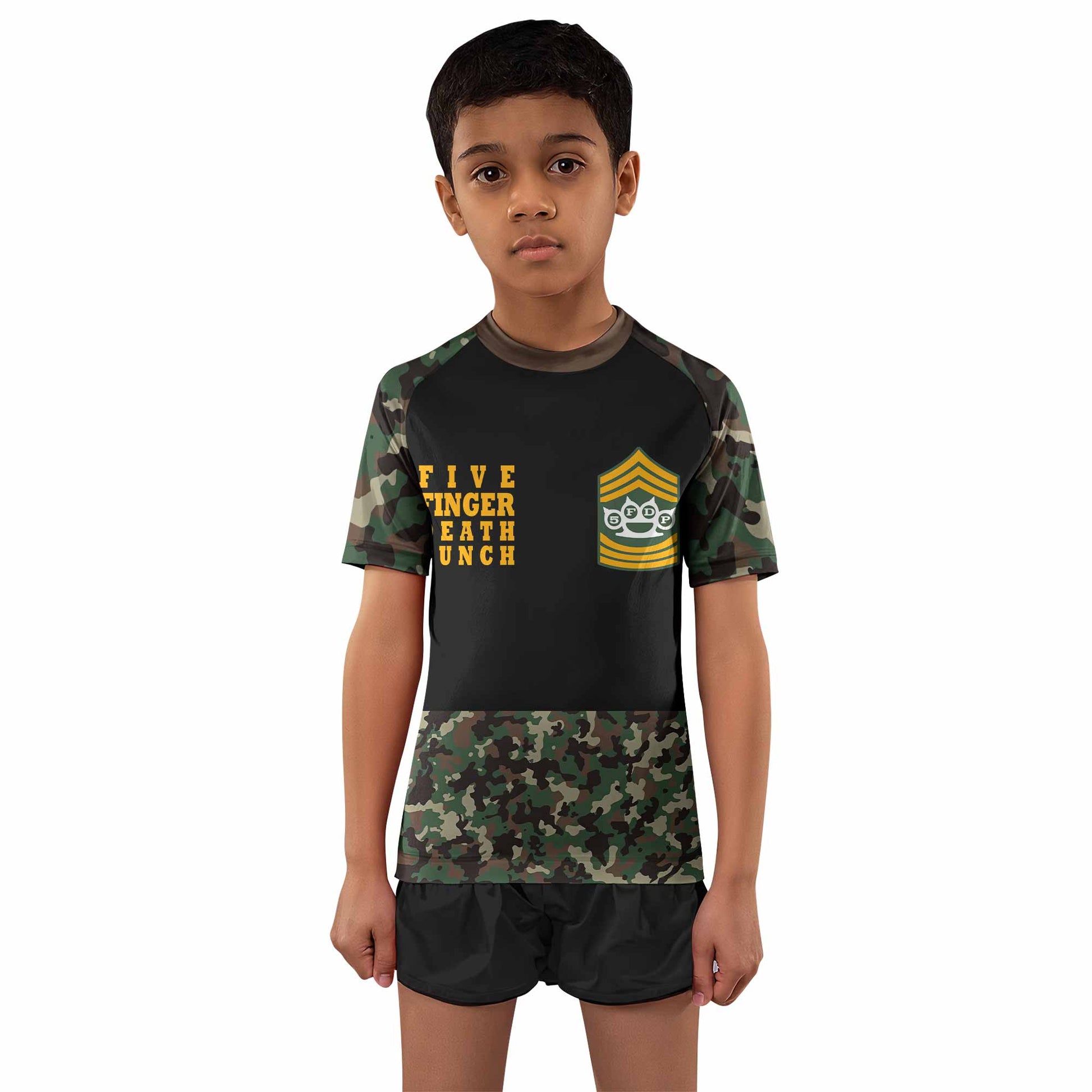 Five Finger Death Punch Camo Kids Rash Guard Short Sleeve - boy's lifestyle view