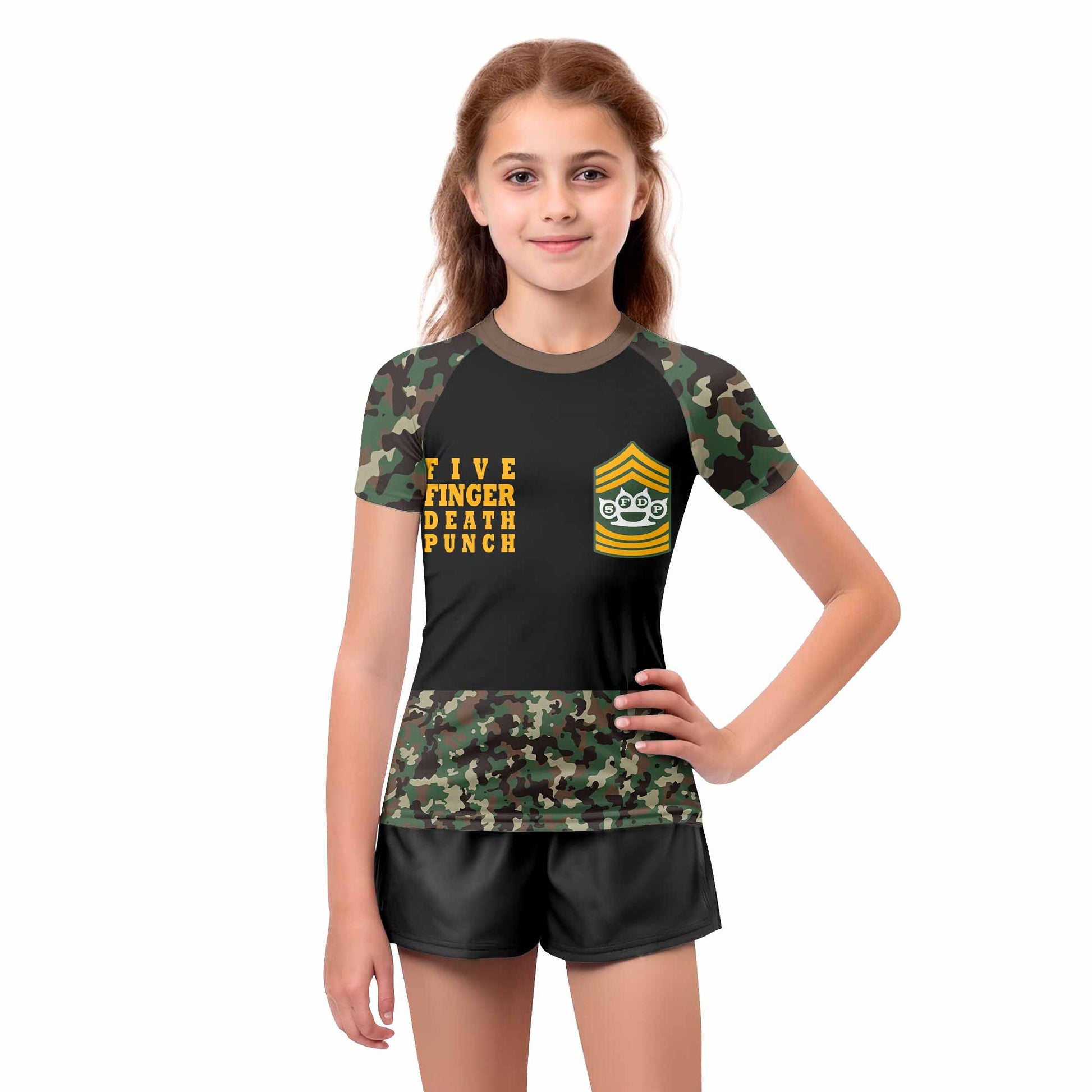 Five Finger Death Punch Camo Kids Rash Guard Short Sleeve - girl's lifestyle view
