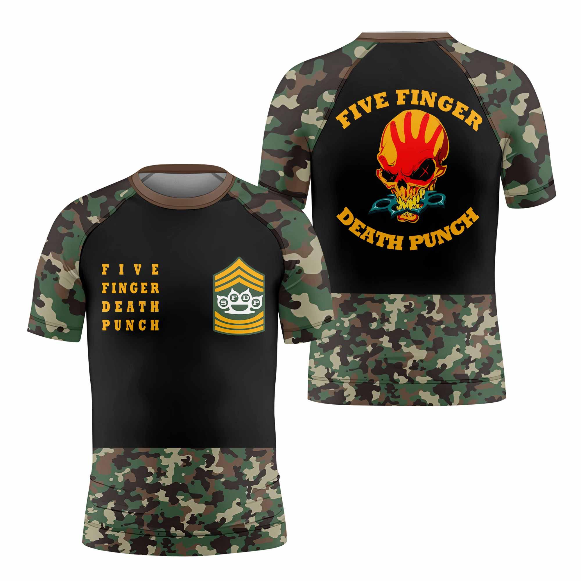 Five Finger Death Punch Camo Kids Rash Guard Short Sleeve - front view mockup