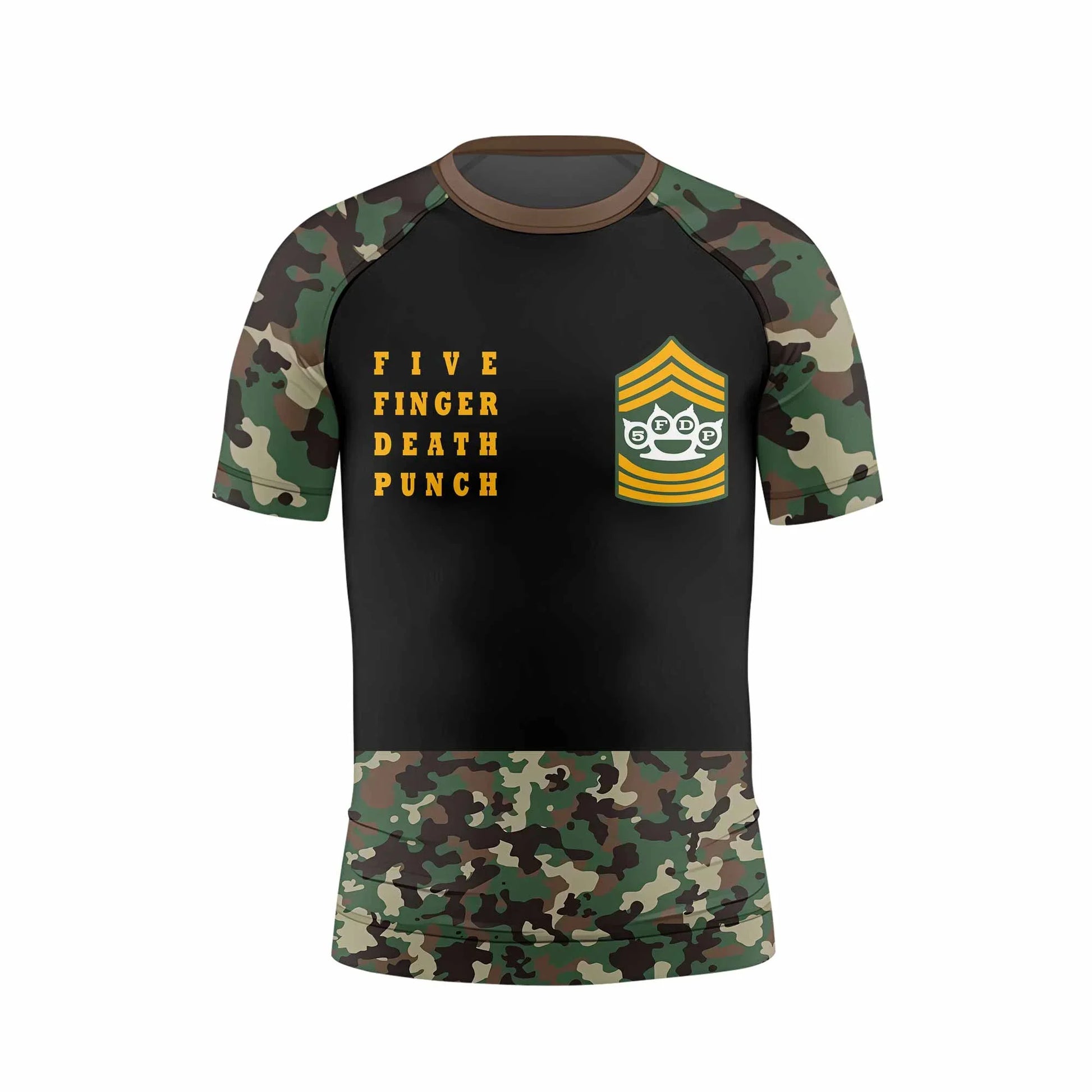 Five Finger Death Punch Camo Kids Rash Guard Short Sleeve - back view mockup