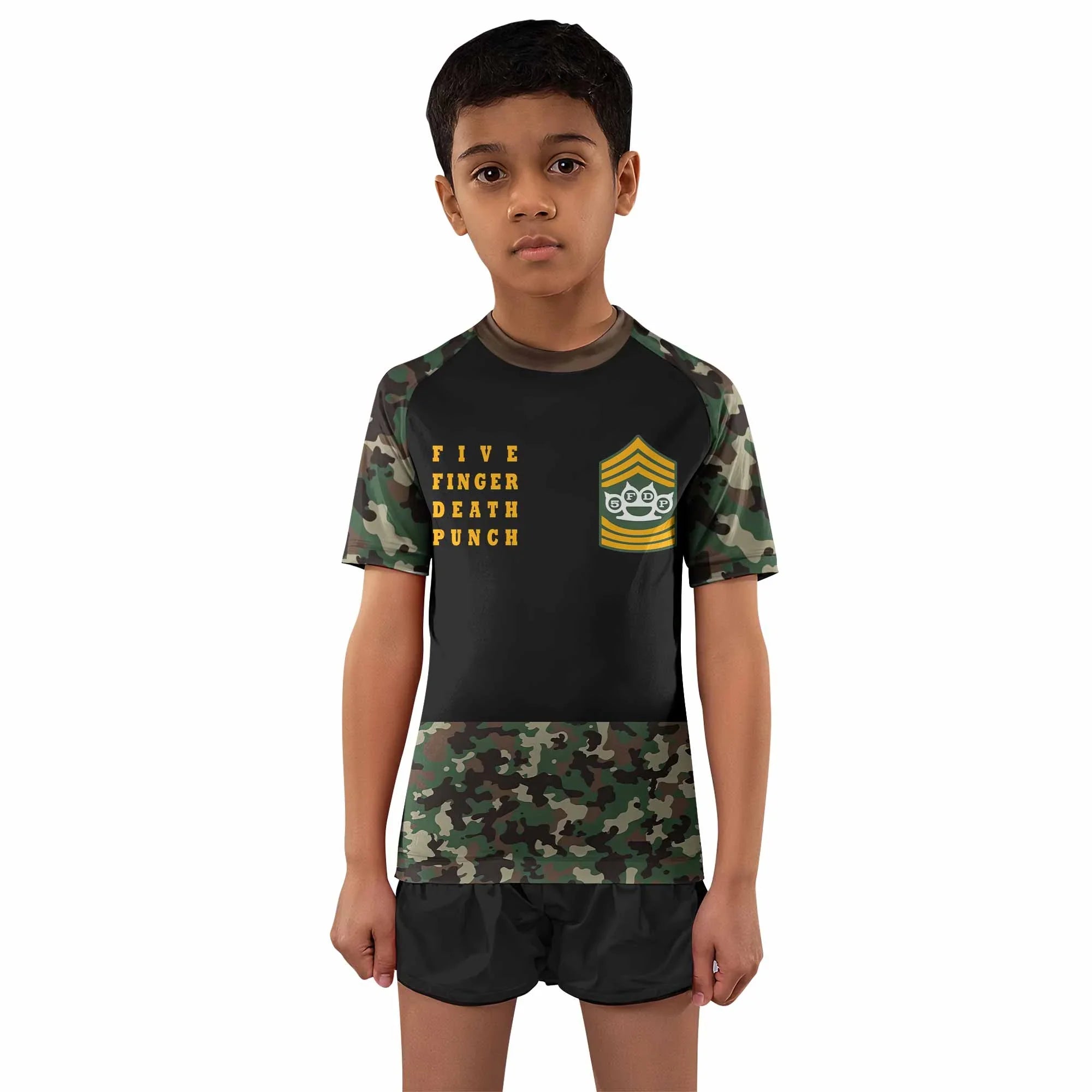 Five Finger Death Punch Camo Kids Rash Guard Short Sleeve - front and back view