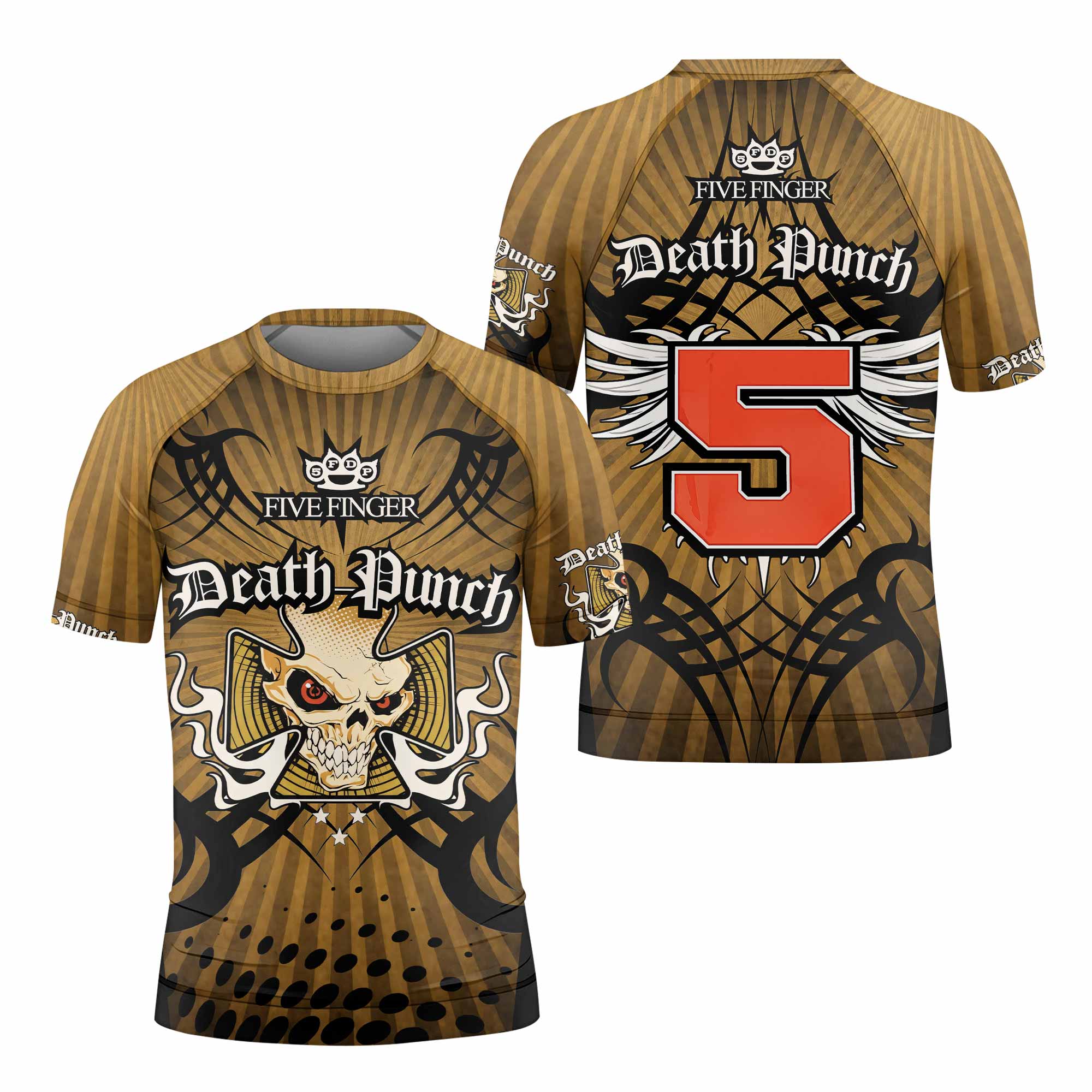 Five Finger Death Punch Gold V Kids Rash Guard Short Sleeve - front and back view