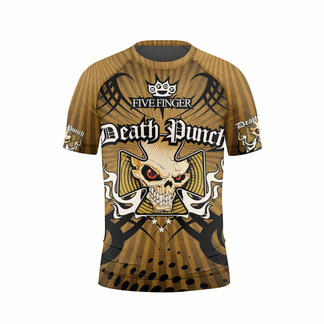 Five Finger Death Punch Gold V Kids Rash Guard Short Sleeve - front and back view