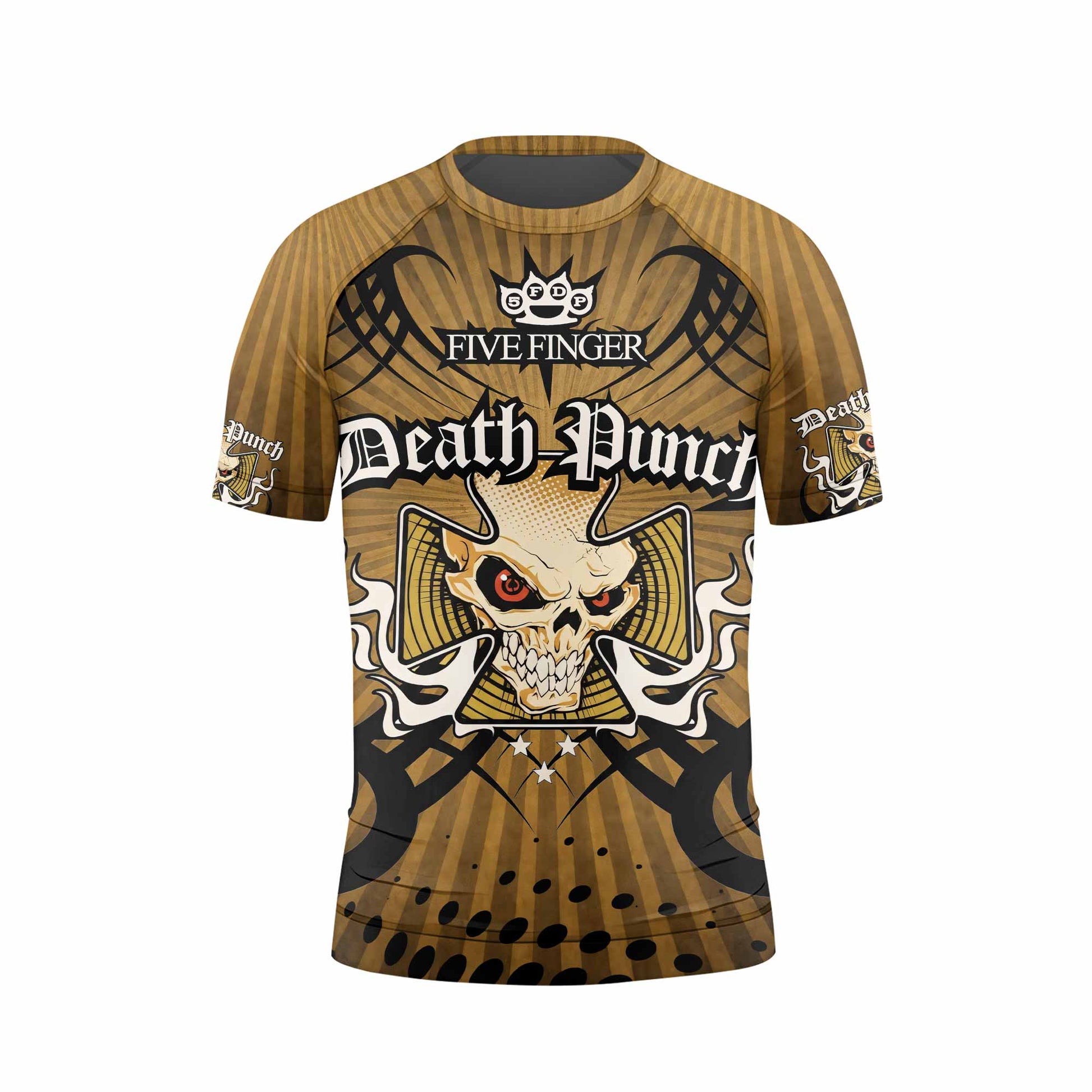 Five Finger Death Punch Gold V Kids Rash Guard Short Sleeve - front view mockup