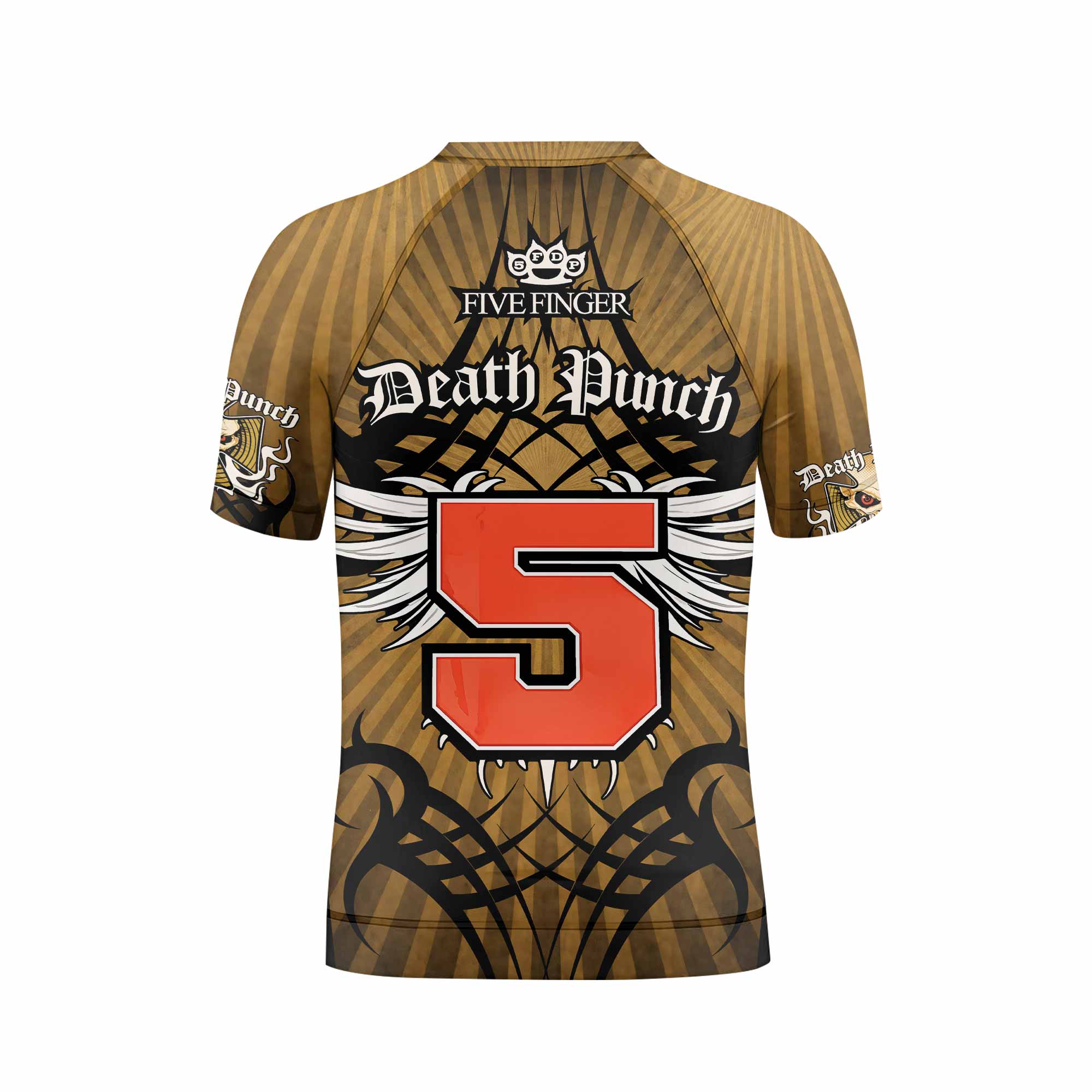 Five Finger Death Punch Gold V Kids Rash Guard Short Sleeve - back view mockup