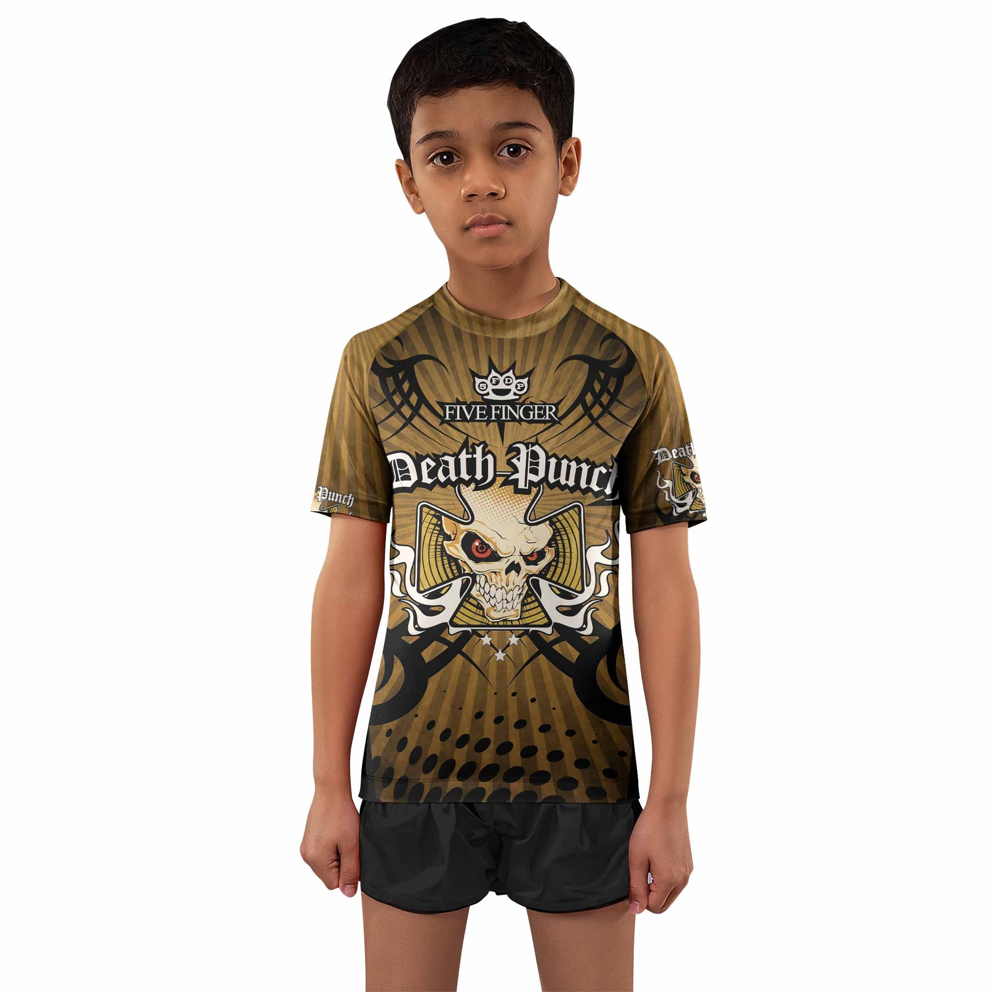 Five Finger Death Punch Gold V Kids Rash Guard Short Sleeve - boy's lifestyle view