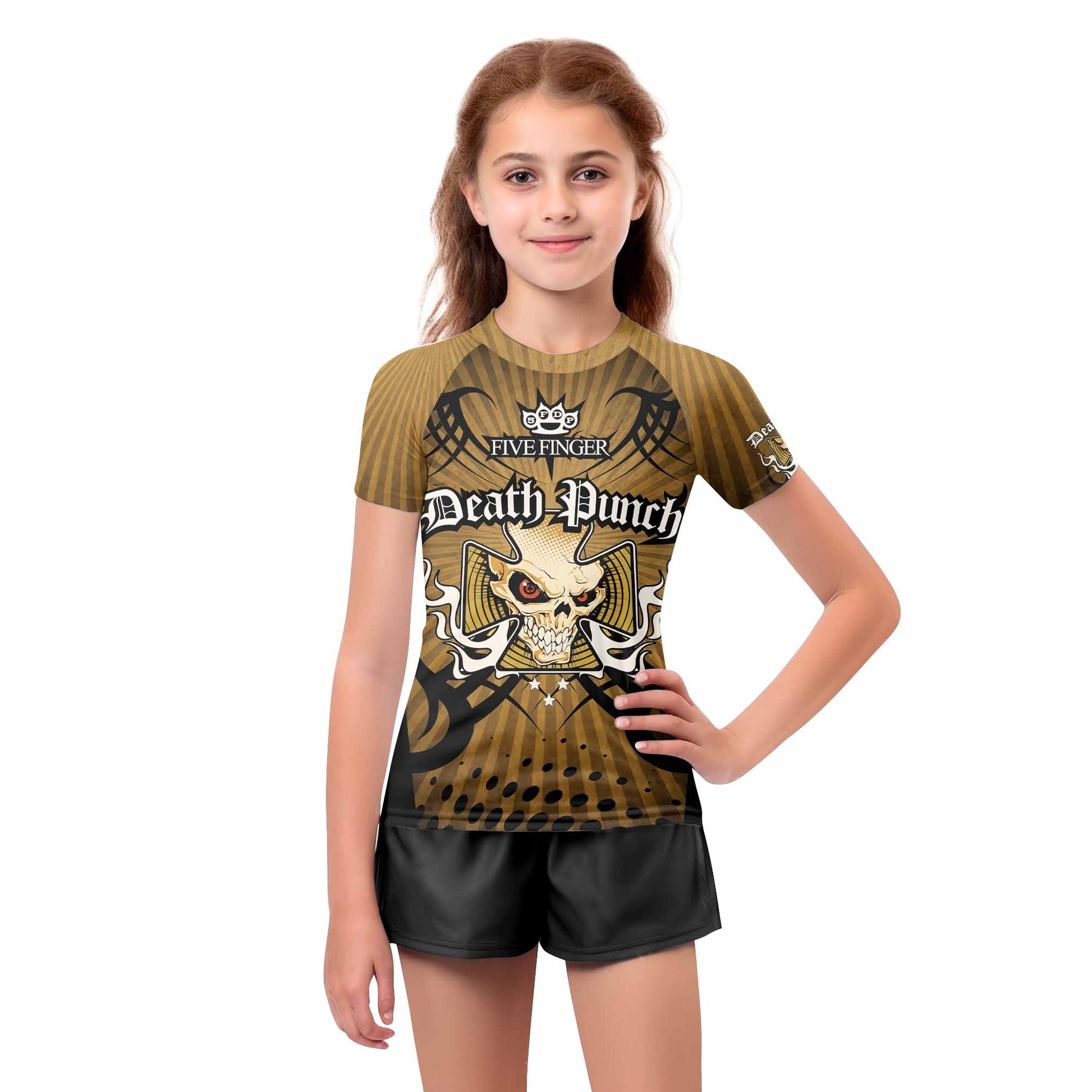 Five Finger Death Punch Gold V Kids Rash Guard Short Sleeve - girl's lifestyle view
