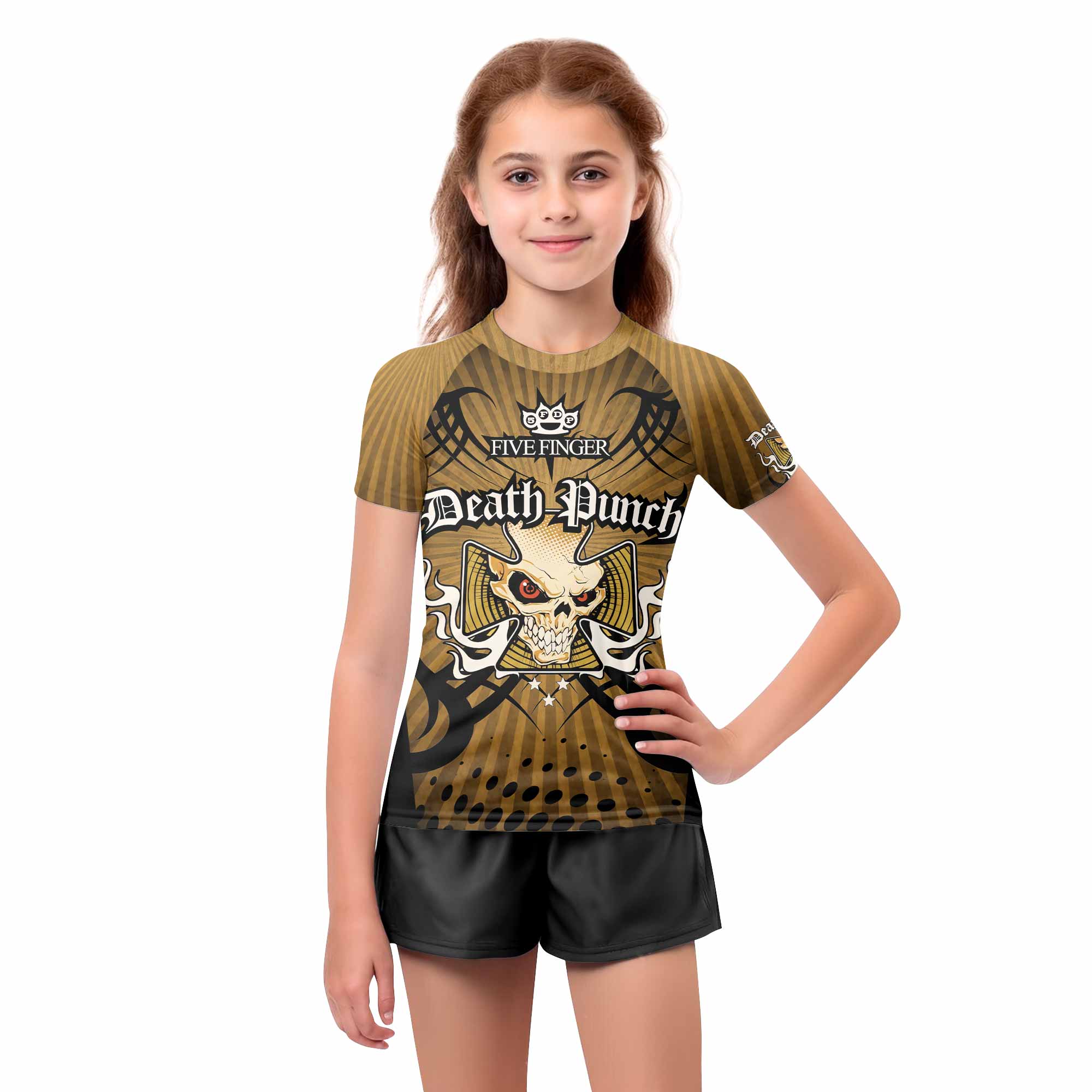 Five Finger Death Punch Gold V Kids Rash Guard Short Sleeve - girl's lifestyle view