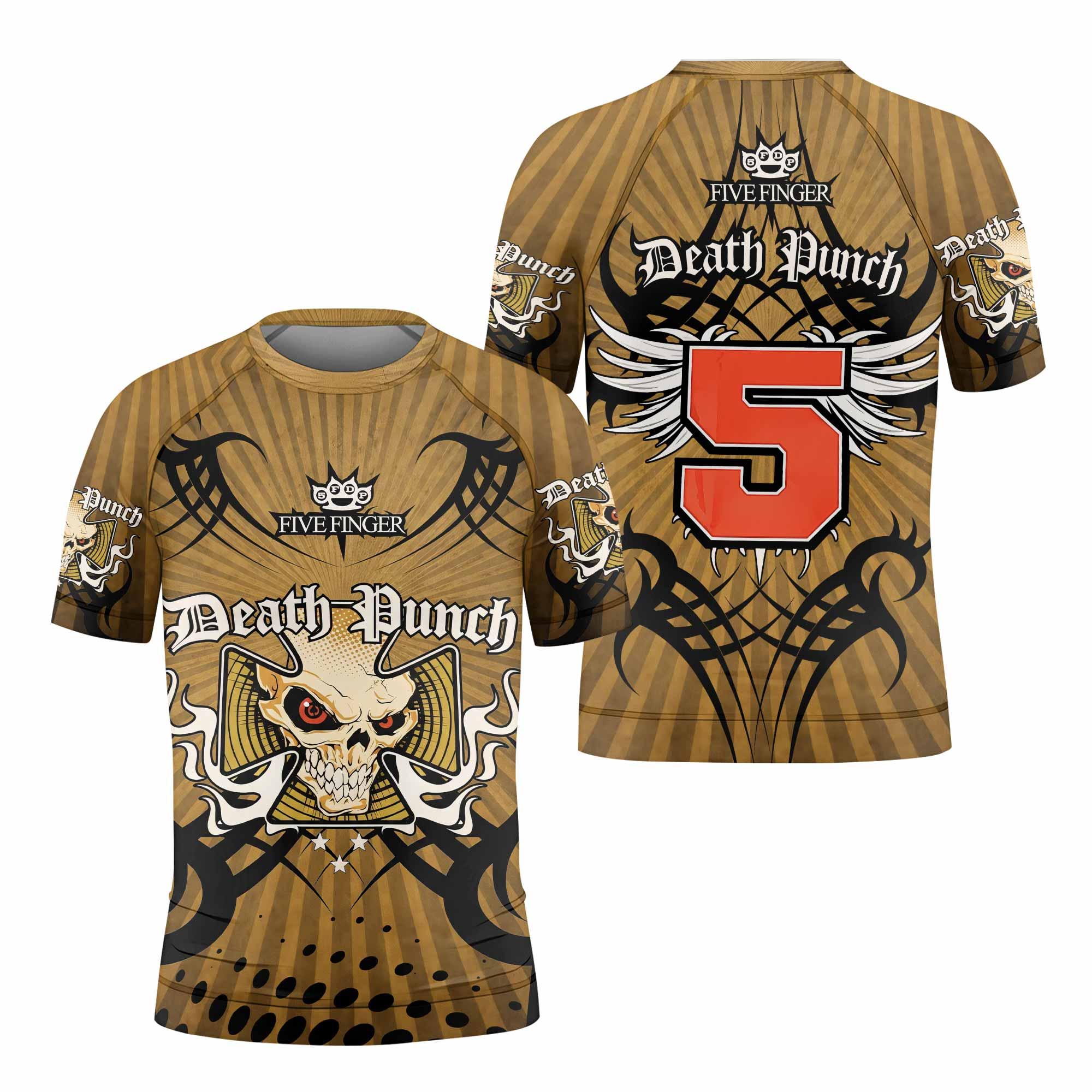 Five Finger Death Punch Gold V Kids Rash Guard Short Sleeve - front view mockup