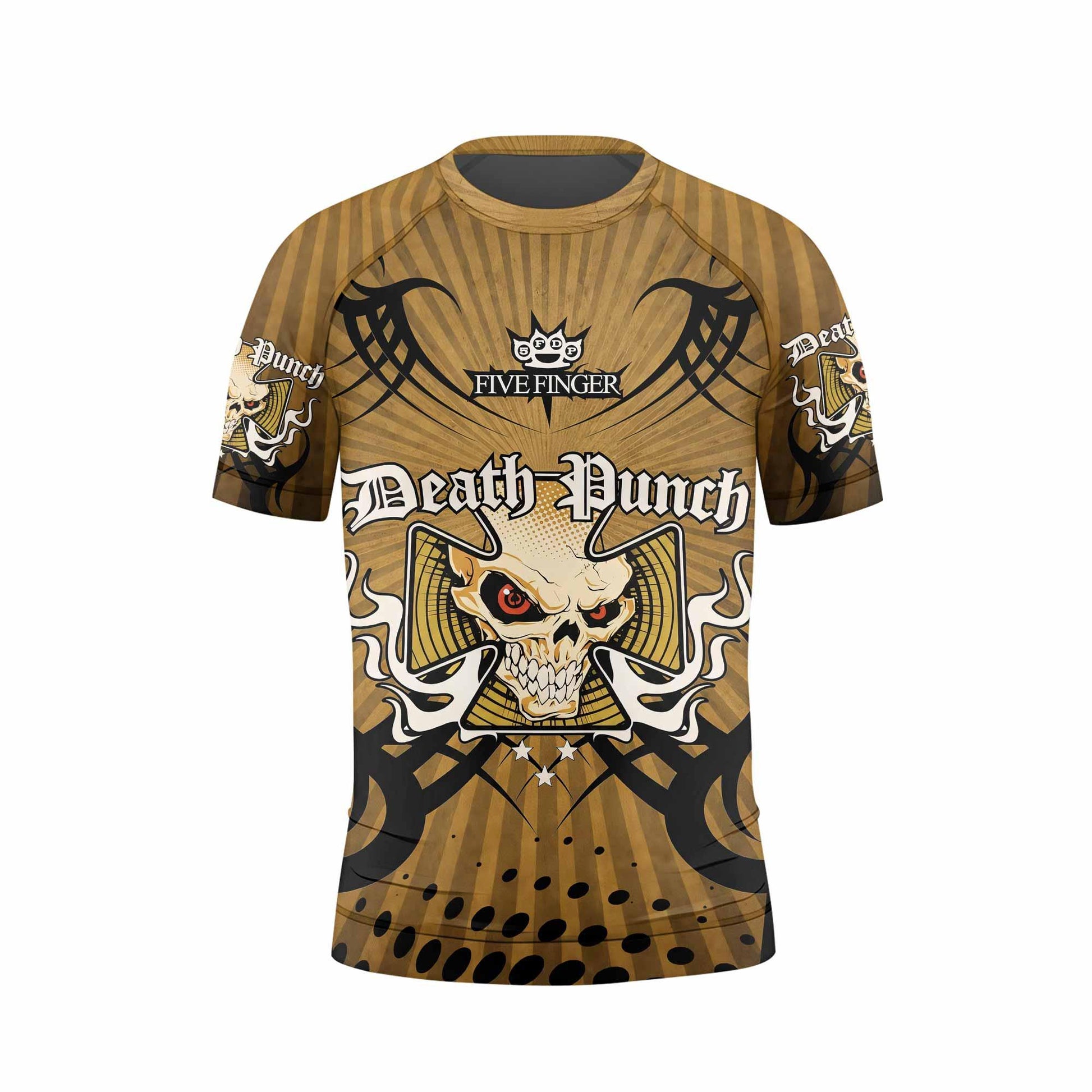Five Finger Death Punch Gold V Kids Rash Guard Short Sleeve - back view mockup