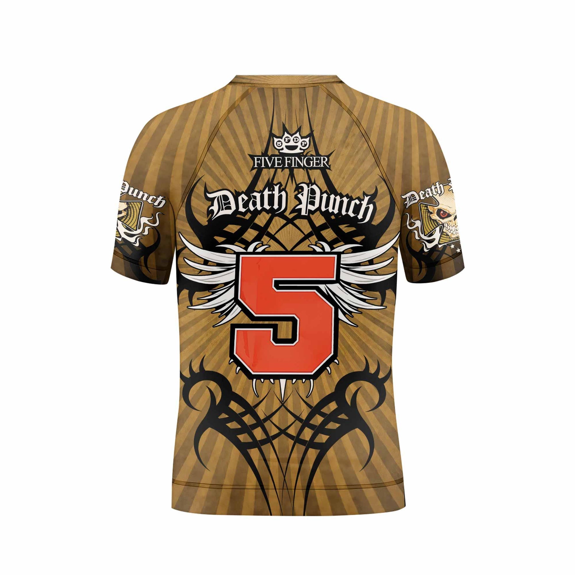 Five Finger Death Punch Gold V Kids Rash Guard Short Sleeve - boy's lifestyle view