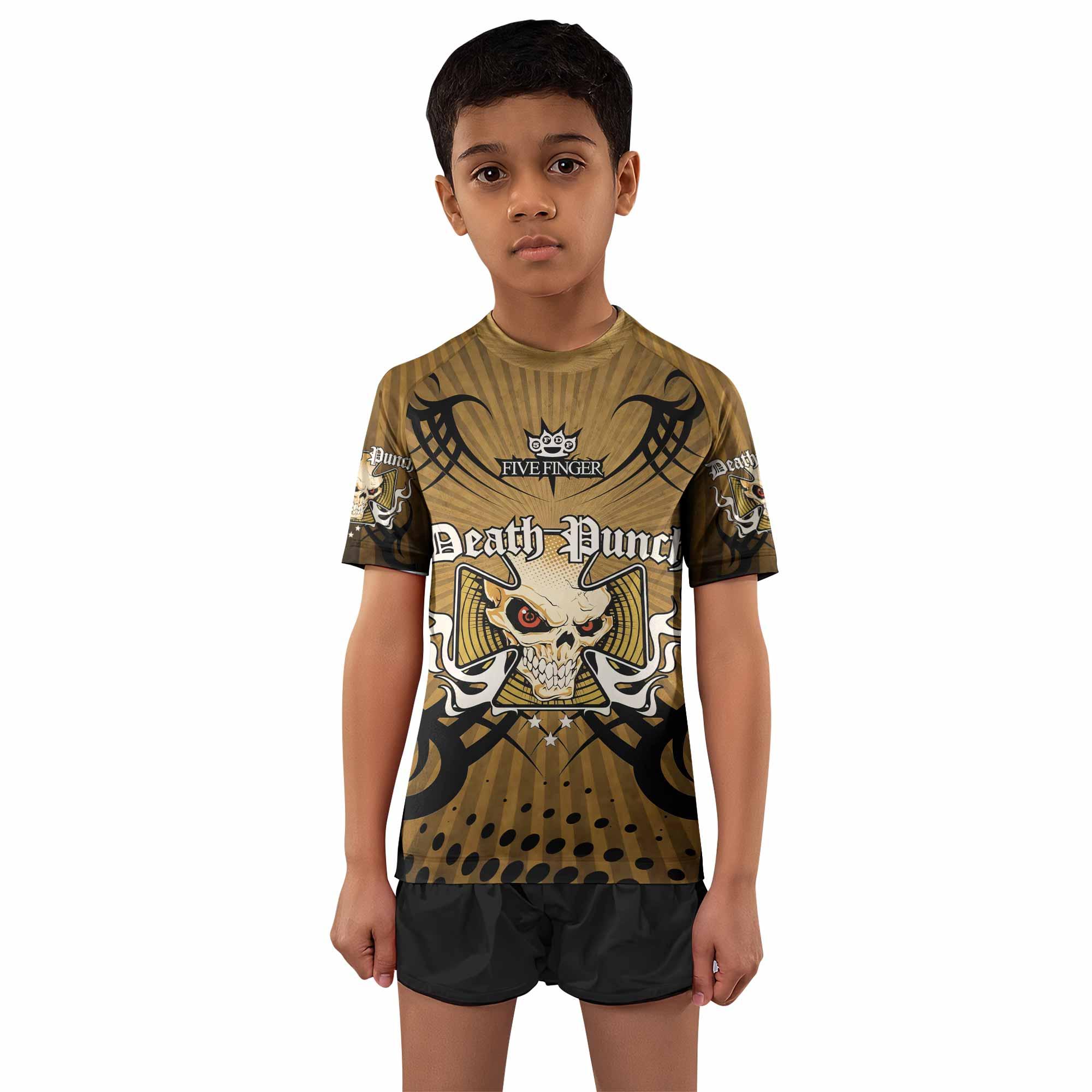 Five Finger Death Punch Gold V Kids Rash Guard Short Sleeve - front and back view