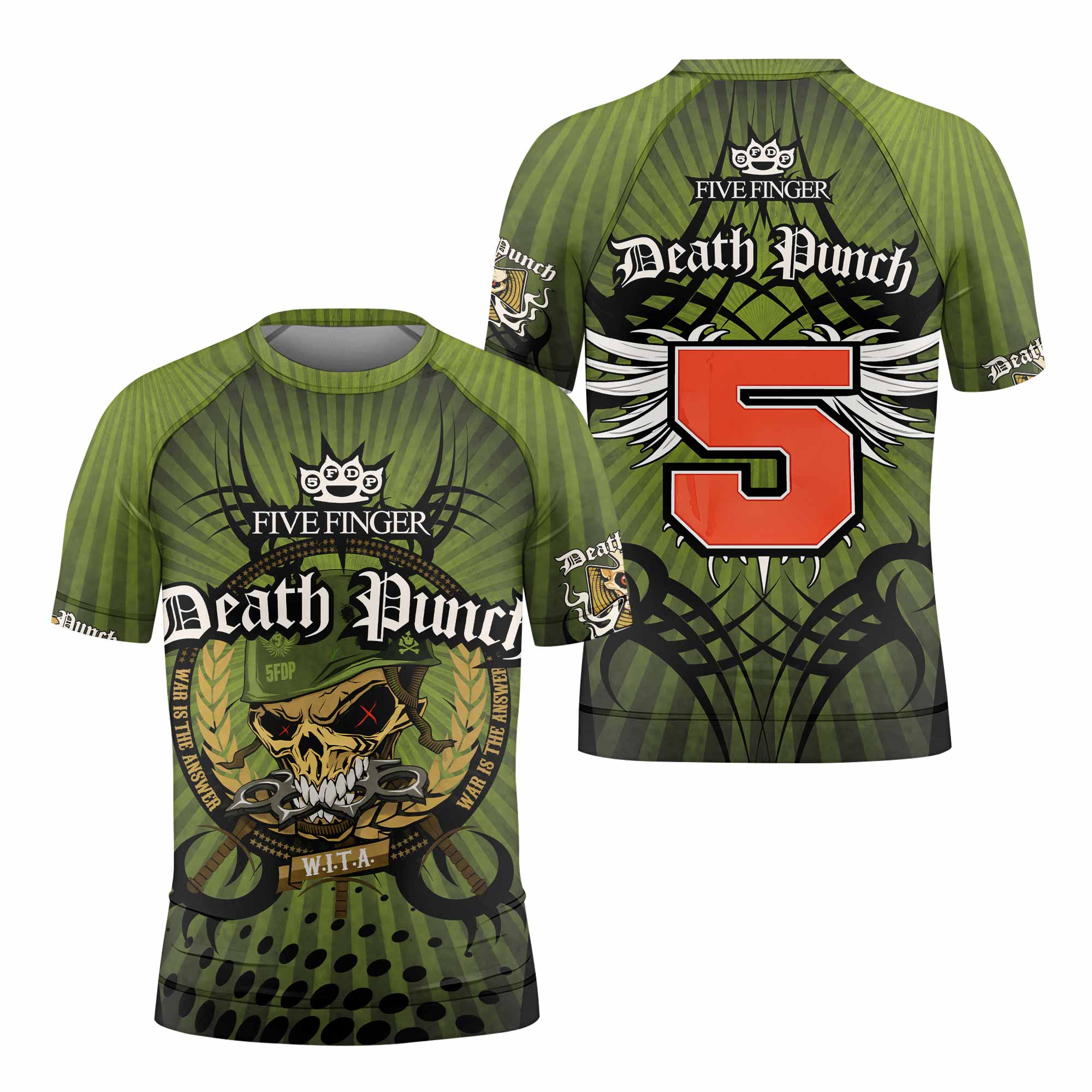 Five Finger Death Punch Green V Kids Rash Guard Short Sleeve - front and back view