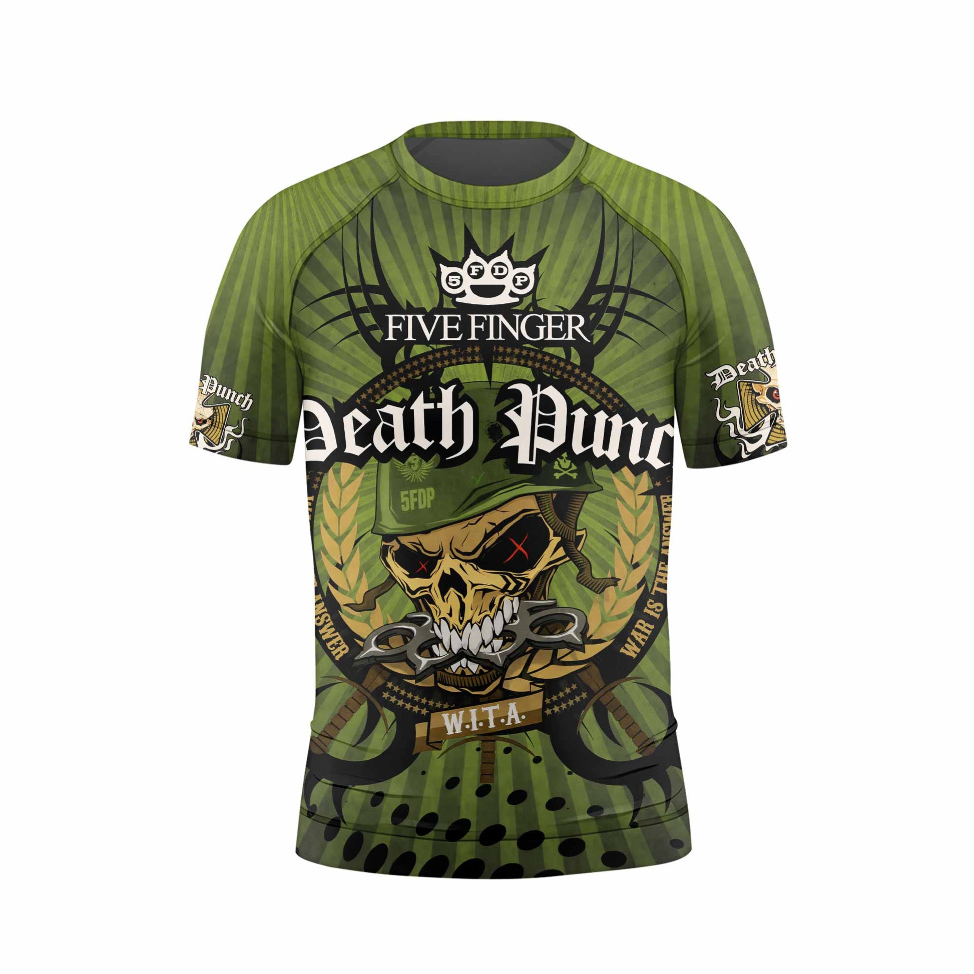 Five Finger Death Punch Green V Kids Rash Guard Short Sleeve - front view mockup