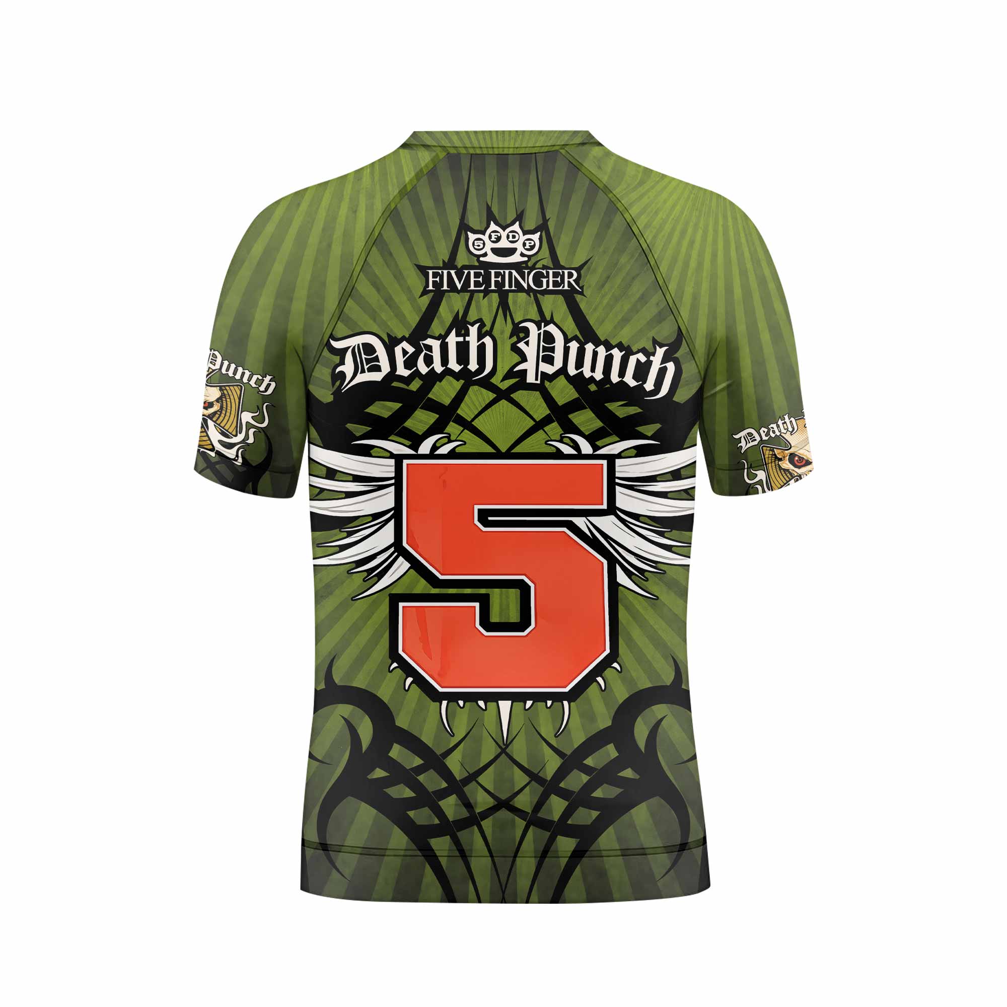 Five Finger Death Punch Green V Kids Rash Guard Short Sleeve - back view mockup