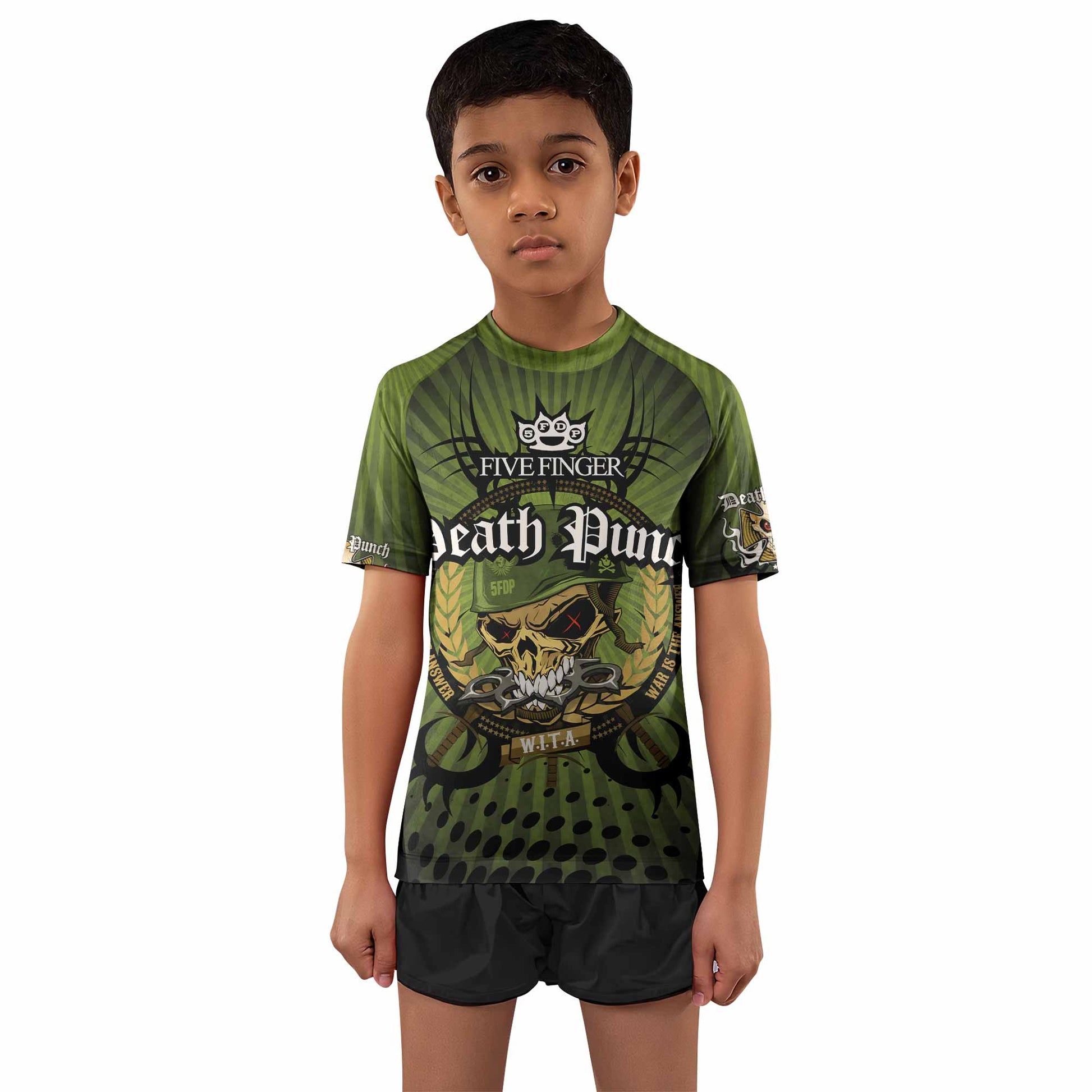 Five Finger Death Punch Green V Kids Rash Guard Short Sleeve - boy's lifestyle view