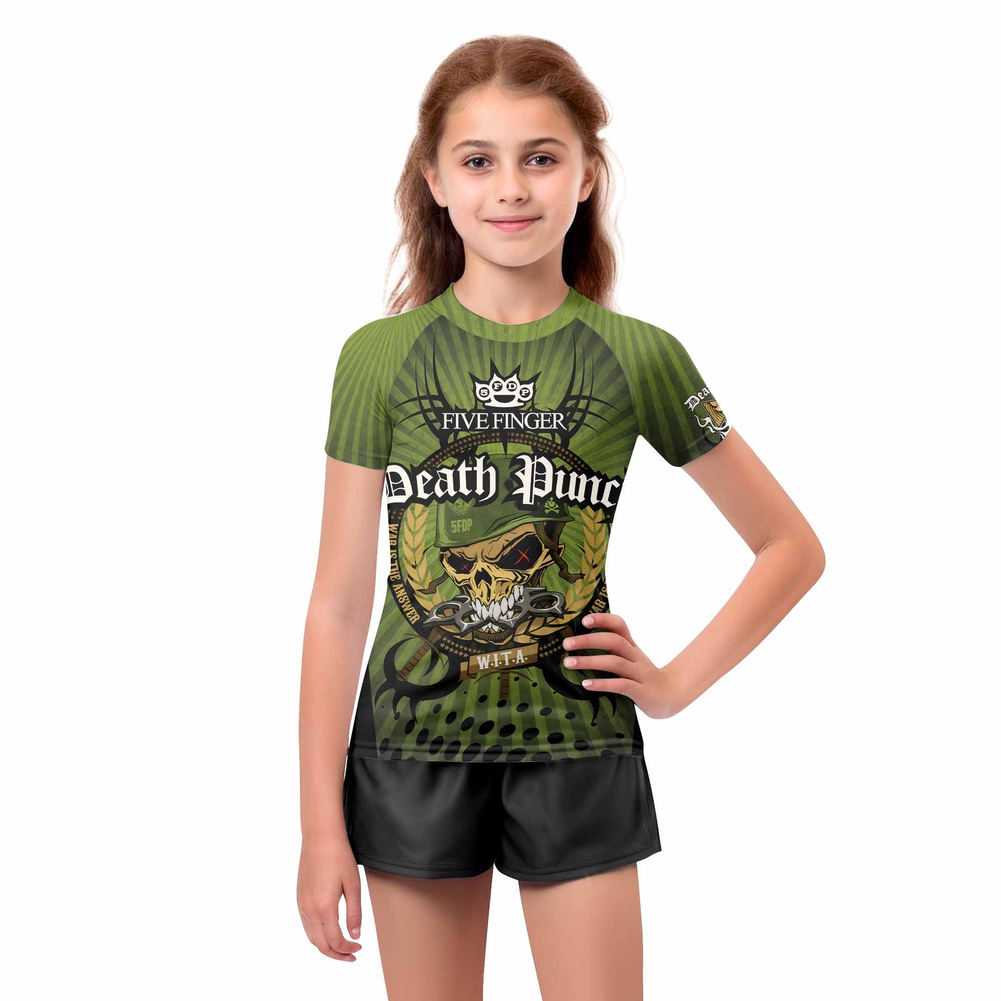 Five Finger Death Punch Green V Kids Rash Guard Short Sleeve - girl's lifestyle view