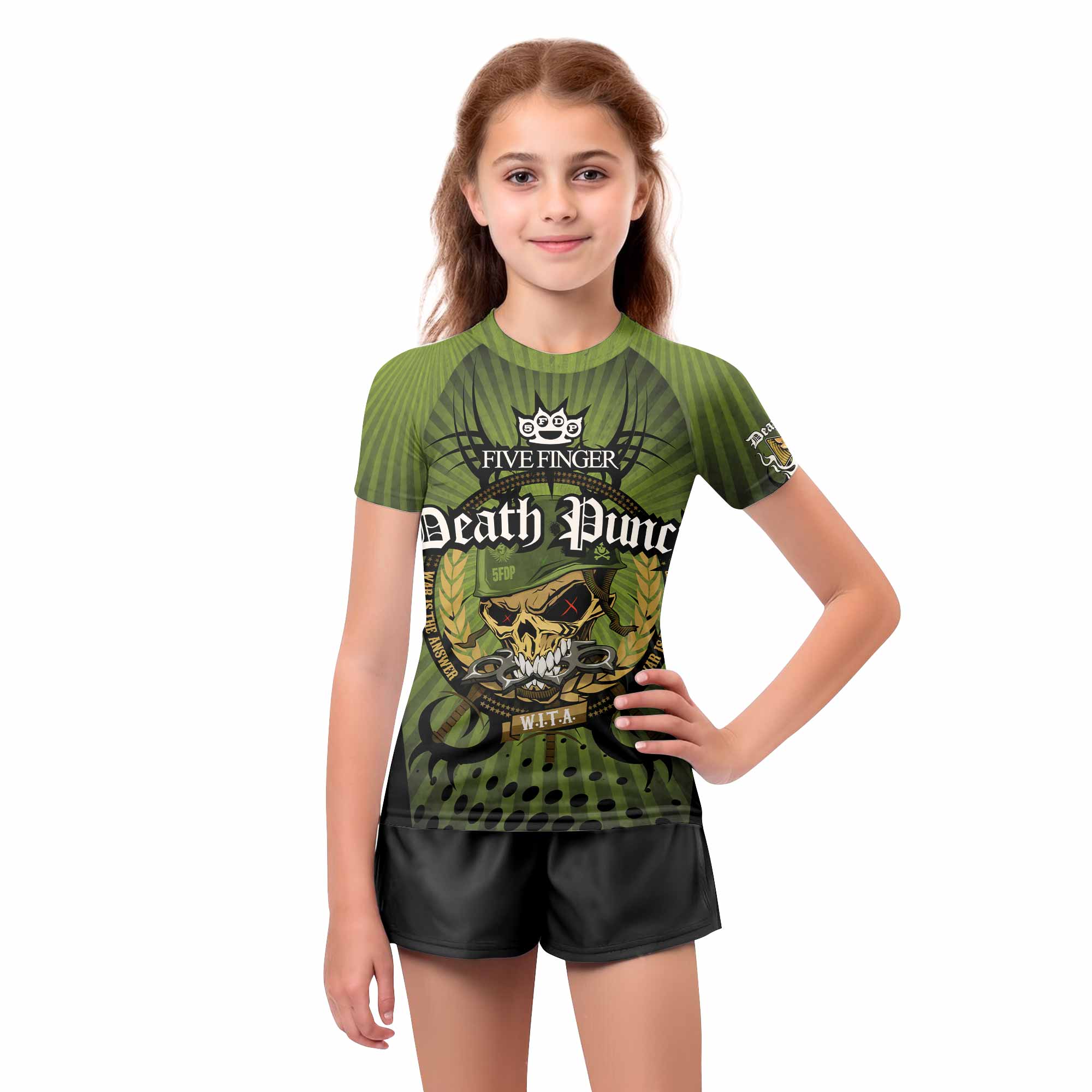 Five Finger Death Punch Green V Kids Rash Guard Short Sleeve - girl's lifestyle view