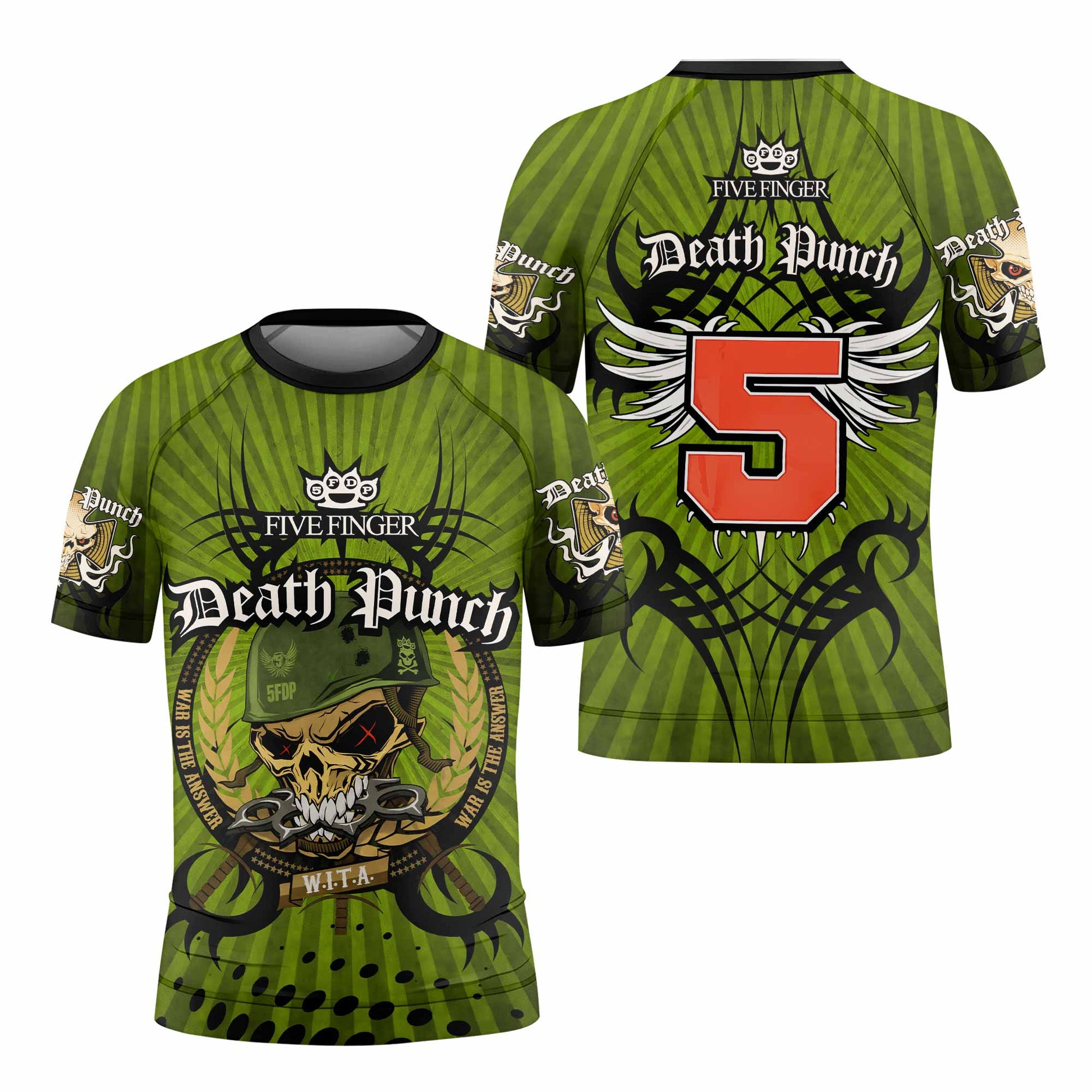 Five Finger Death Punch Green V Kids Rash Guard Short Sleeve - front view mockup
