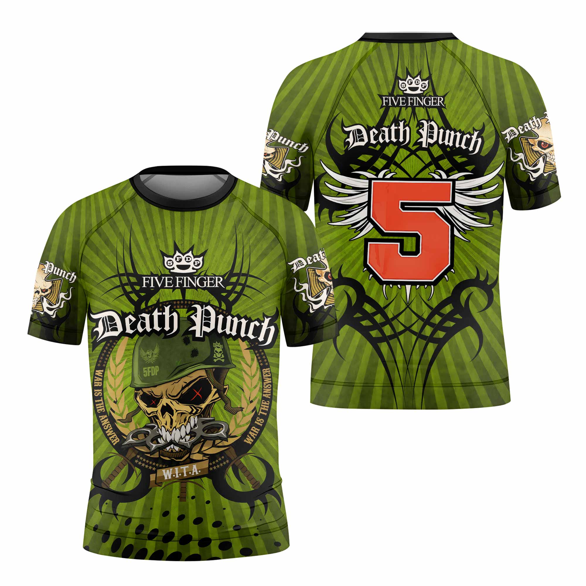 Five Finger Death Punch Green V Kids Rash Guard Short Sleeve - front view mockup