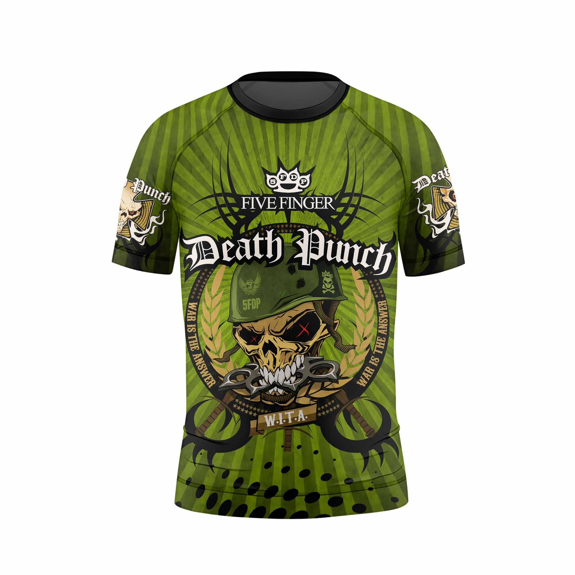 Five Finger Death Punch Green V Kids Rash Guard Short Sleeve - back view mockup