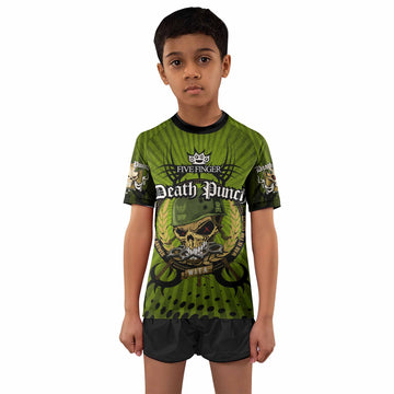 Five Finger Death Punch Green V Kids Rash Guard Short Sleeve - front and back view