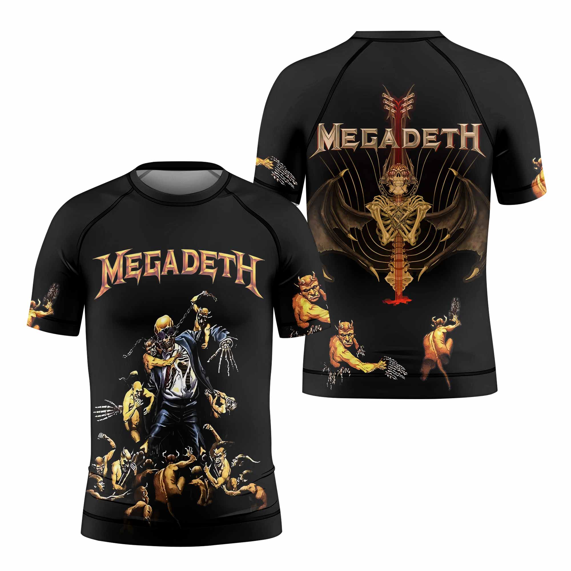 Megadeth Holy Wars 991 Wild Oats Kids Rash Guard Short Sleeve - front and back view