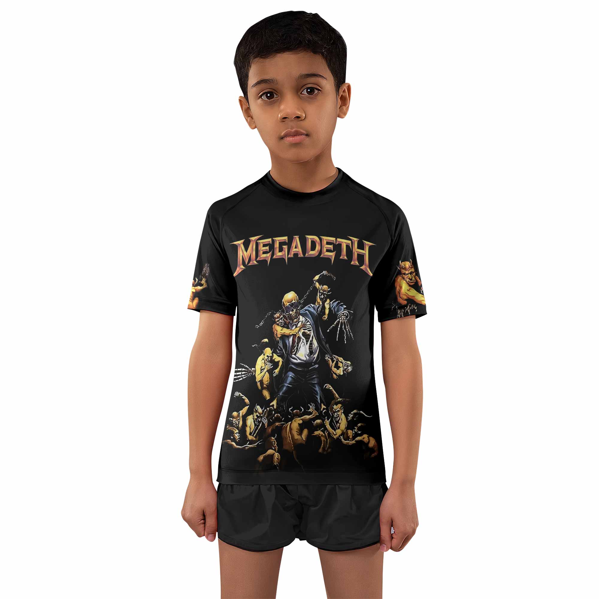 Megadeth Holy Wars 991 Wild Oats Kids Rash Guard Short Sleeve - boy's lifestyle view