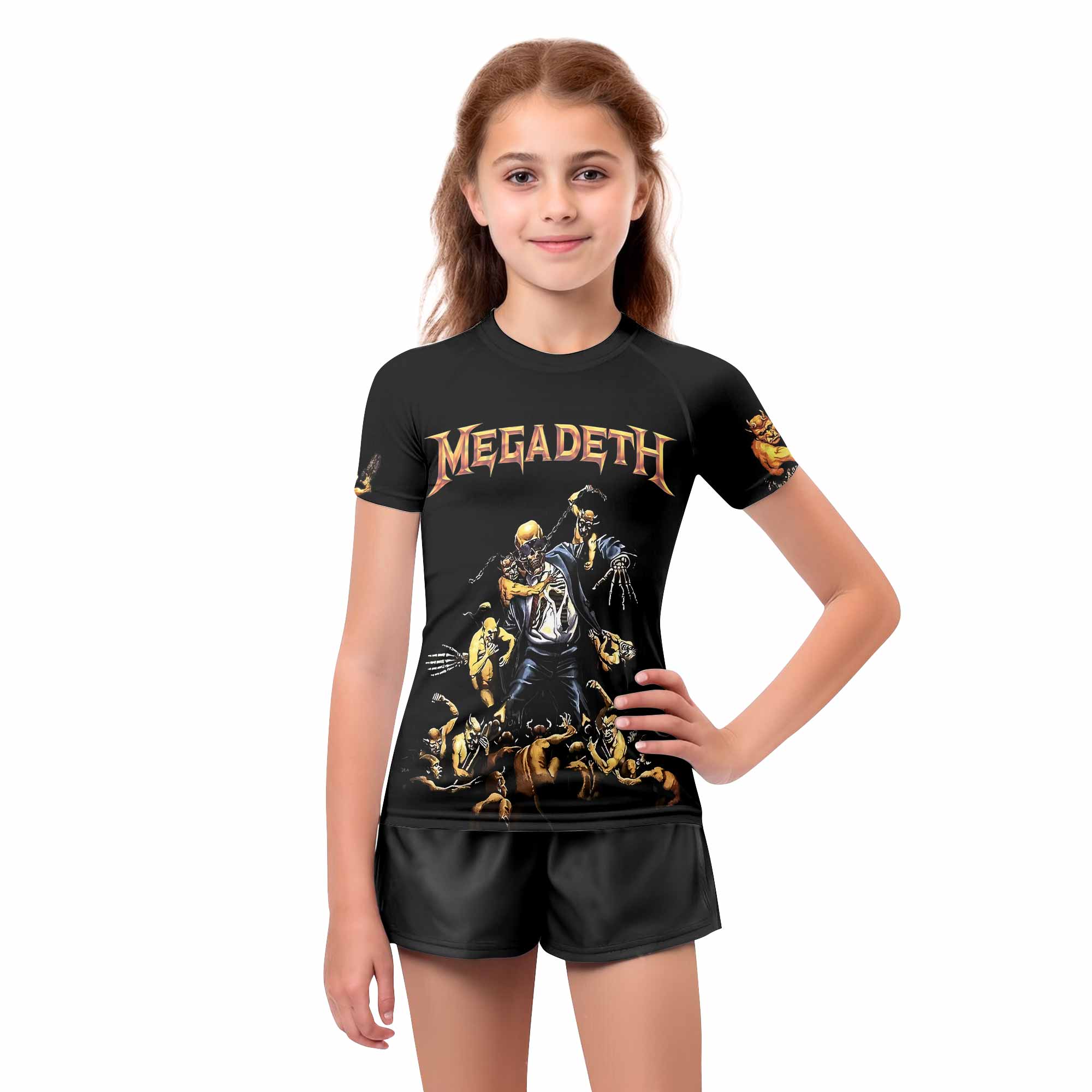 Megadeth Holy Wars 991 Wild Oats Kids Rash Guard Short Sleeve - girl's lifestyle view
