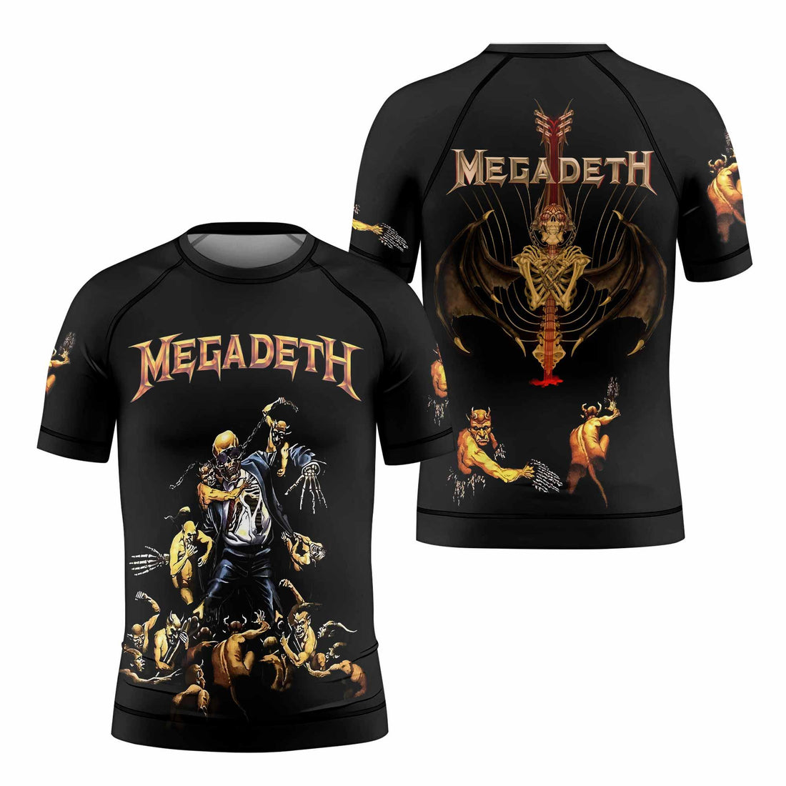Megadeth Holy Wars 991 Wild Oats Kids Rash Guard Short Sleeve - front and back view