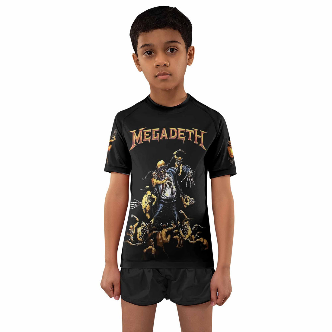 Megadeth Holy Wars 991 Wild Oats Kids Rash Guard Short Sleeve - front and back view