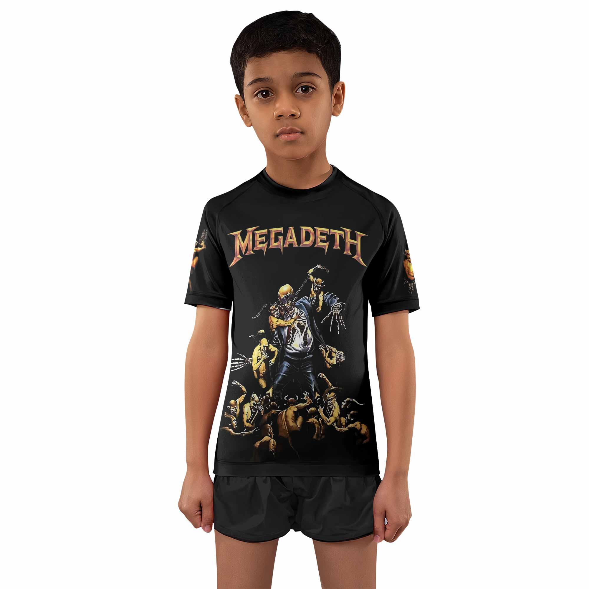 Megadeth Holy Wars 991 Wild Oats Kids Rash Guard Short Sleeve - front and back view