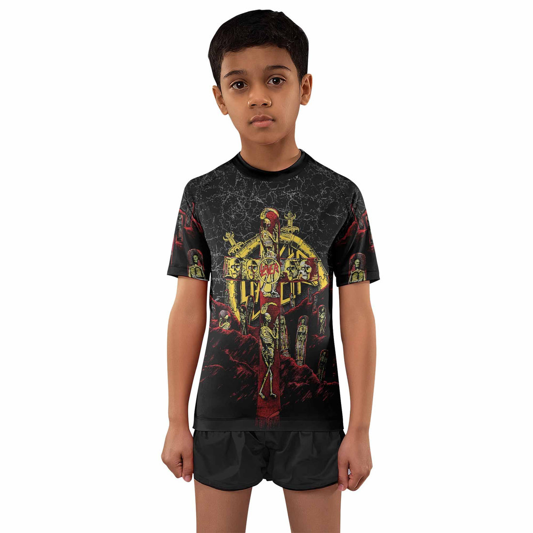 Vintage 1991 Slayer Kids Rash Guard Short Sleeve - front and back view