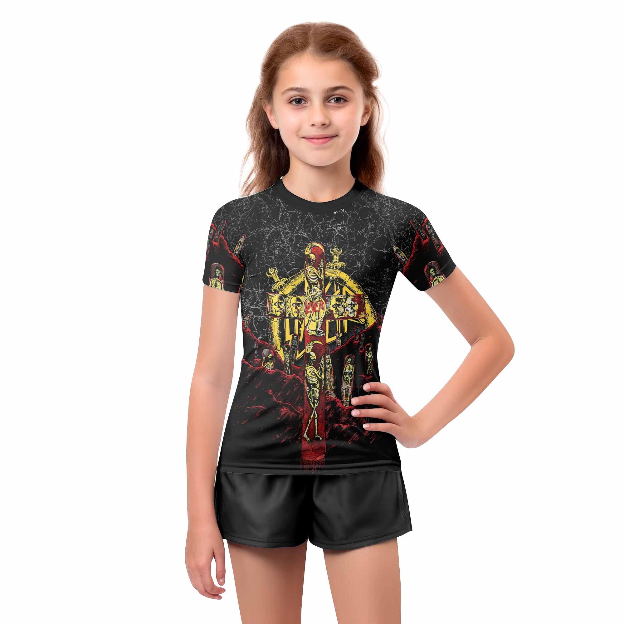 Vintage 1991 Slayer Kids Rash Guard Short Sleeve - girl's lifestyle view