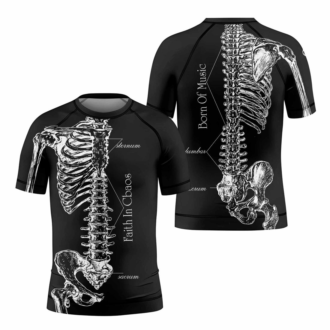 Faith In Chaos Skeleton Kids Rash Guard Short Sleeve - front and back view