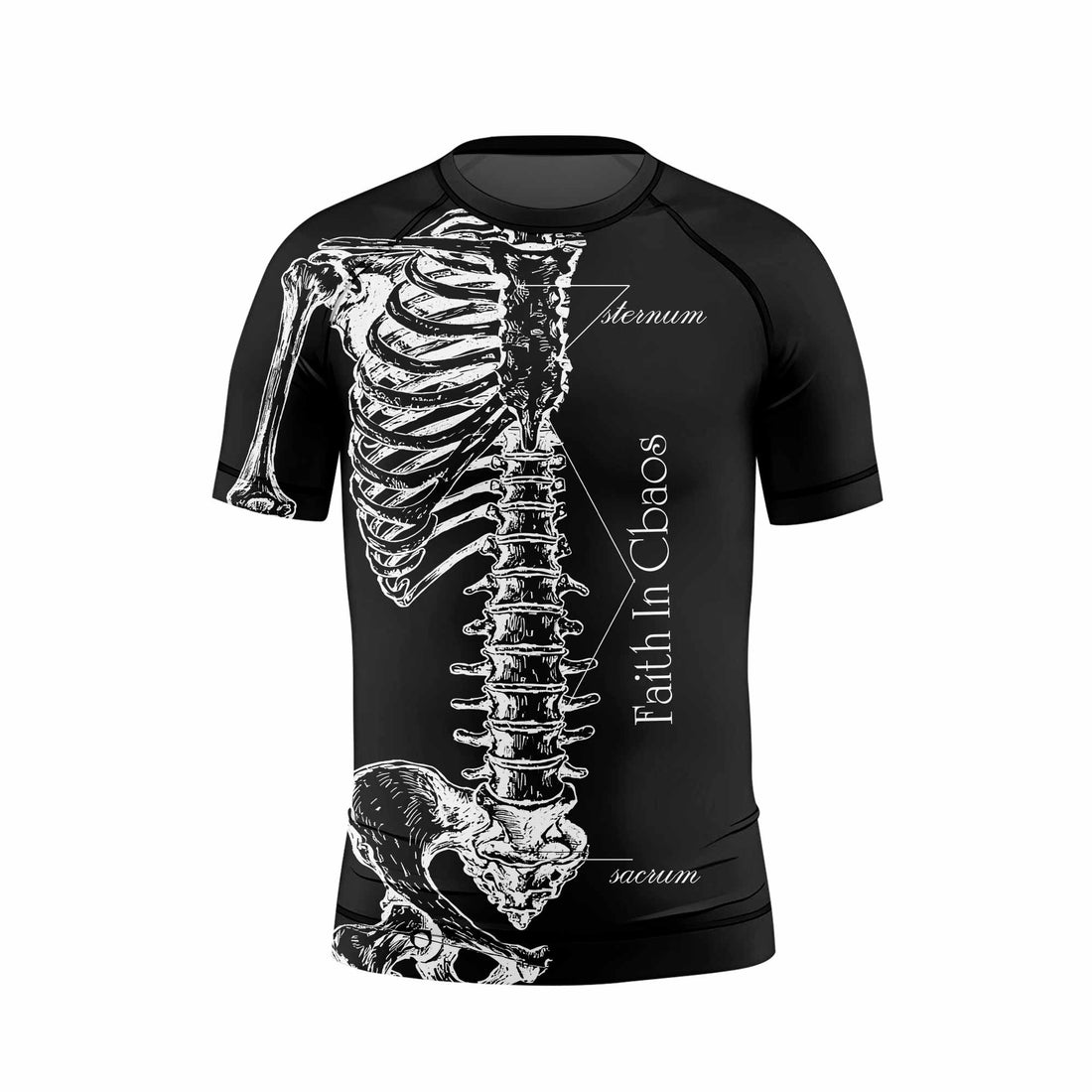 Faith In Chaos Skeleton Kids Rash Guard Short Sleeve - front and back view