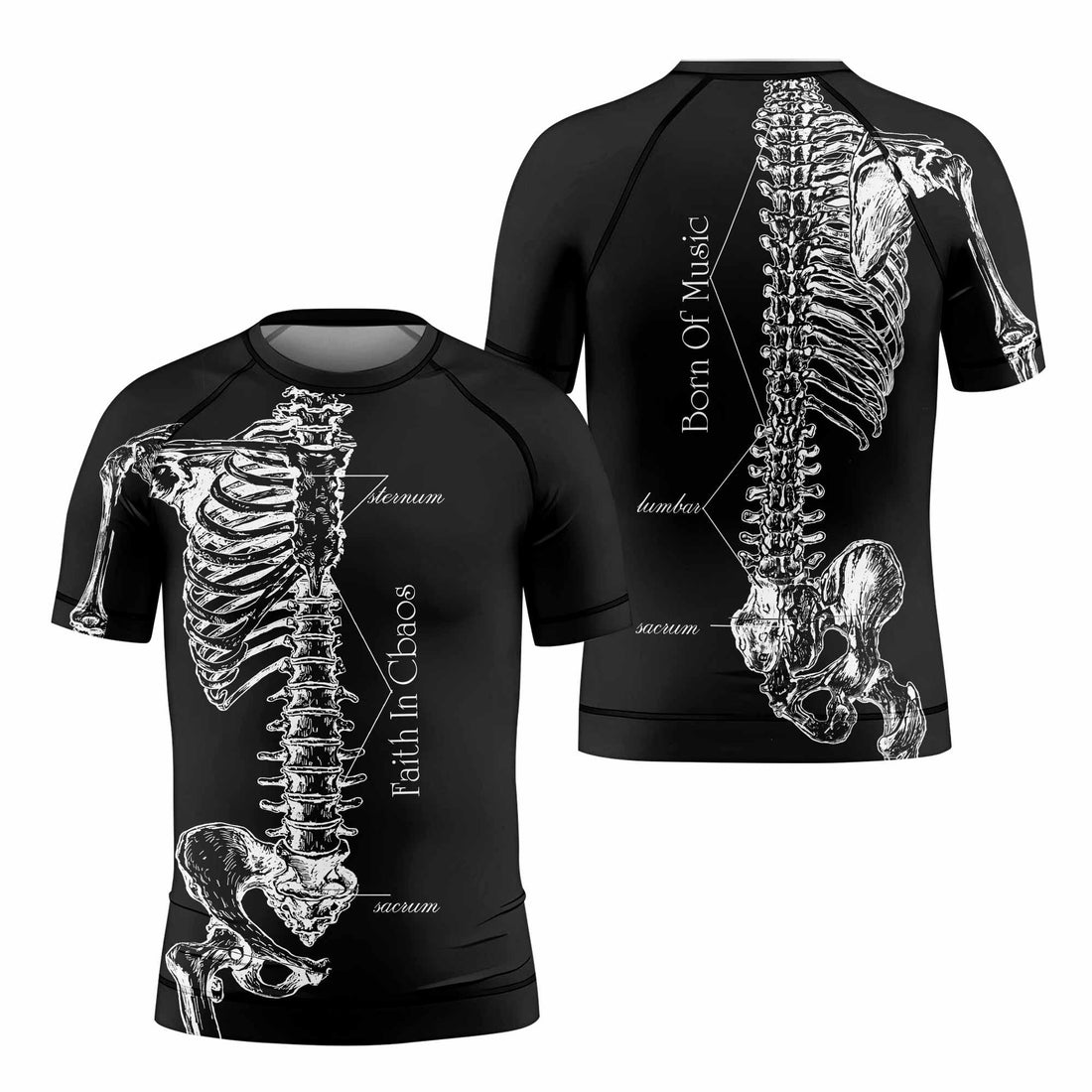 Faith In Chaos Skeleton Kids Rash Guard Short Sleeve - front and back view