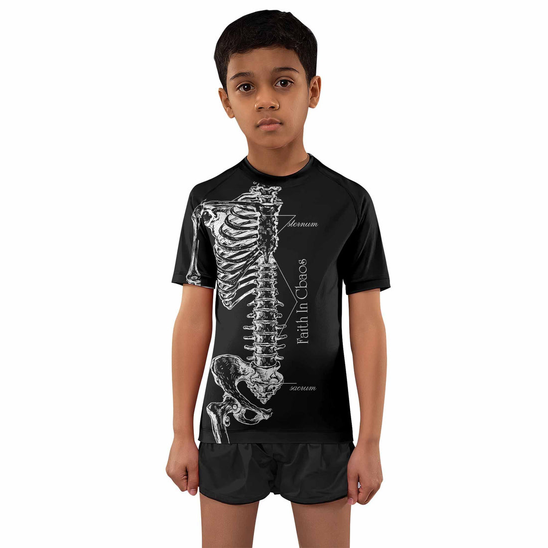 Faith In Chaos Skeleton Kids Rash Guard Short Sleeve - front and back view