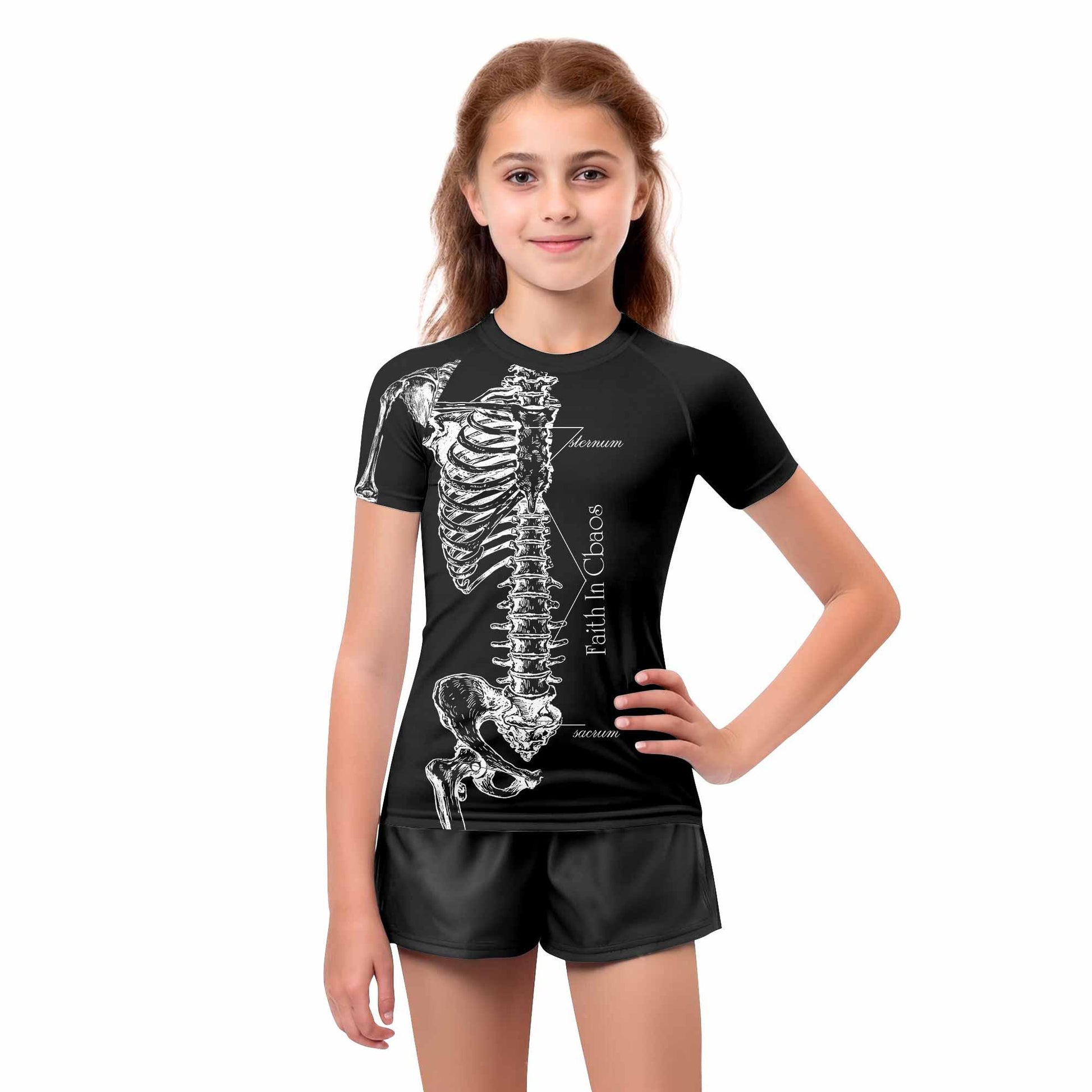 Faith In Chaos Skeleton Kids Rash Guard Short Sleeve - girl's lifestyle view