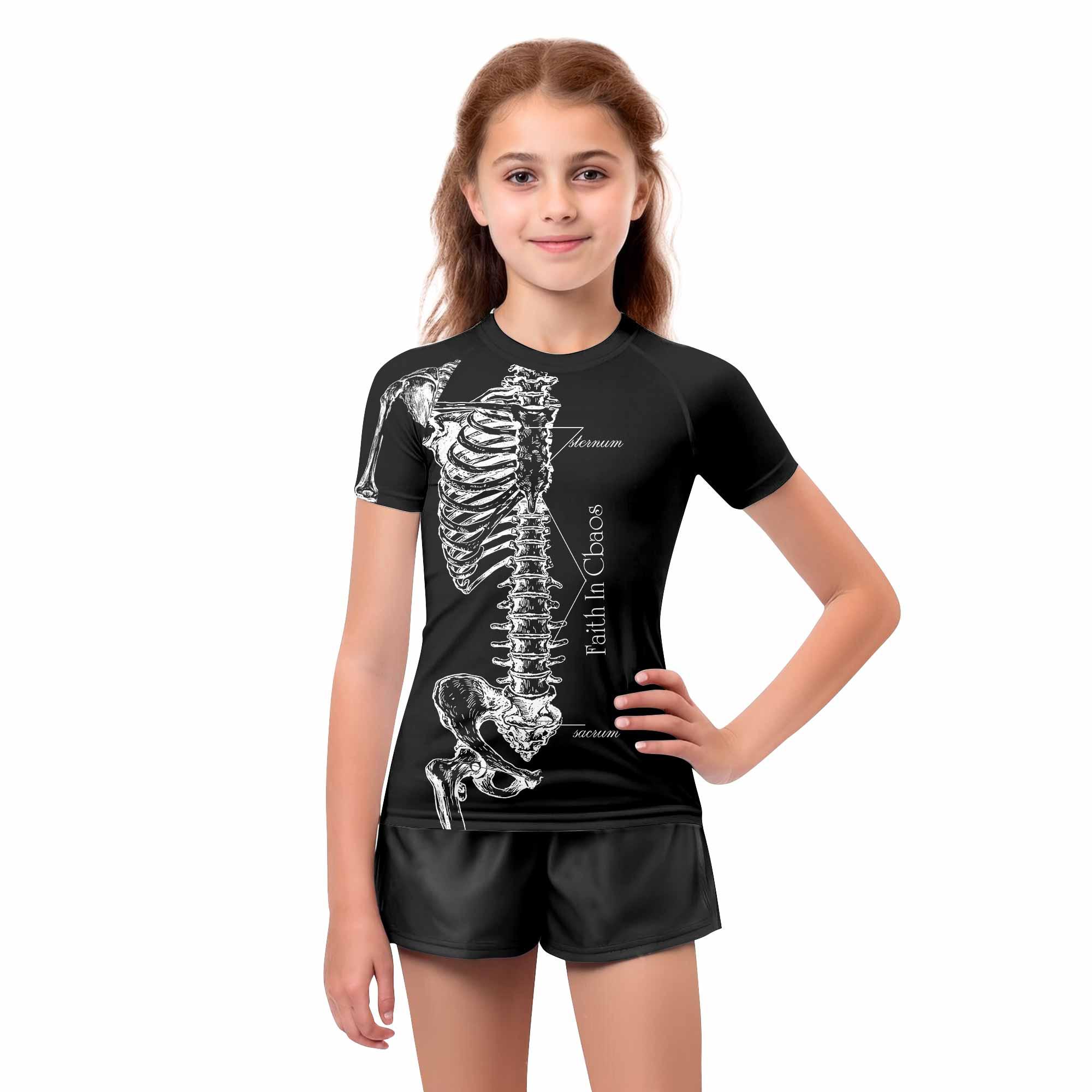 Faith In Chaos Skeleton Kids Rash Guard Short Sleeve - girl's lifestyle view
