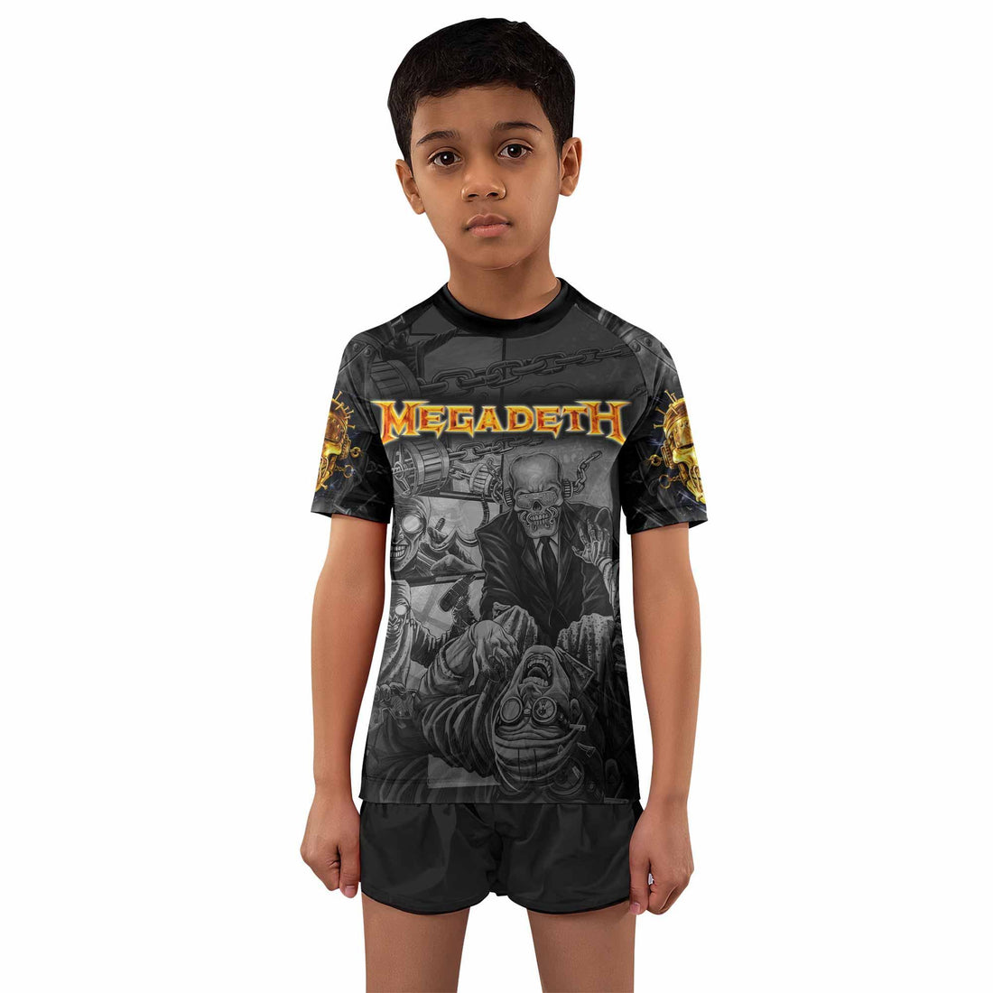Megadeth Bloodstock Euro Tour Kids Rash Guard Short Sleeve - front and back view