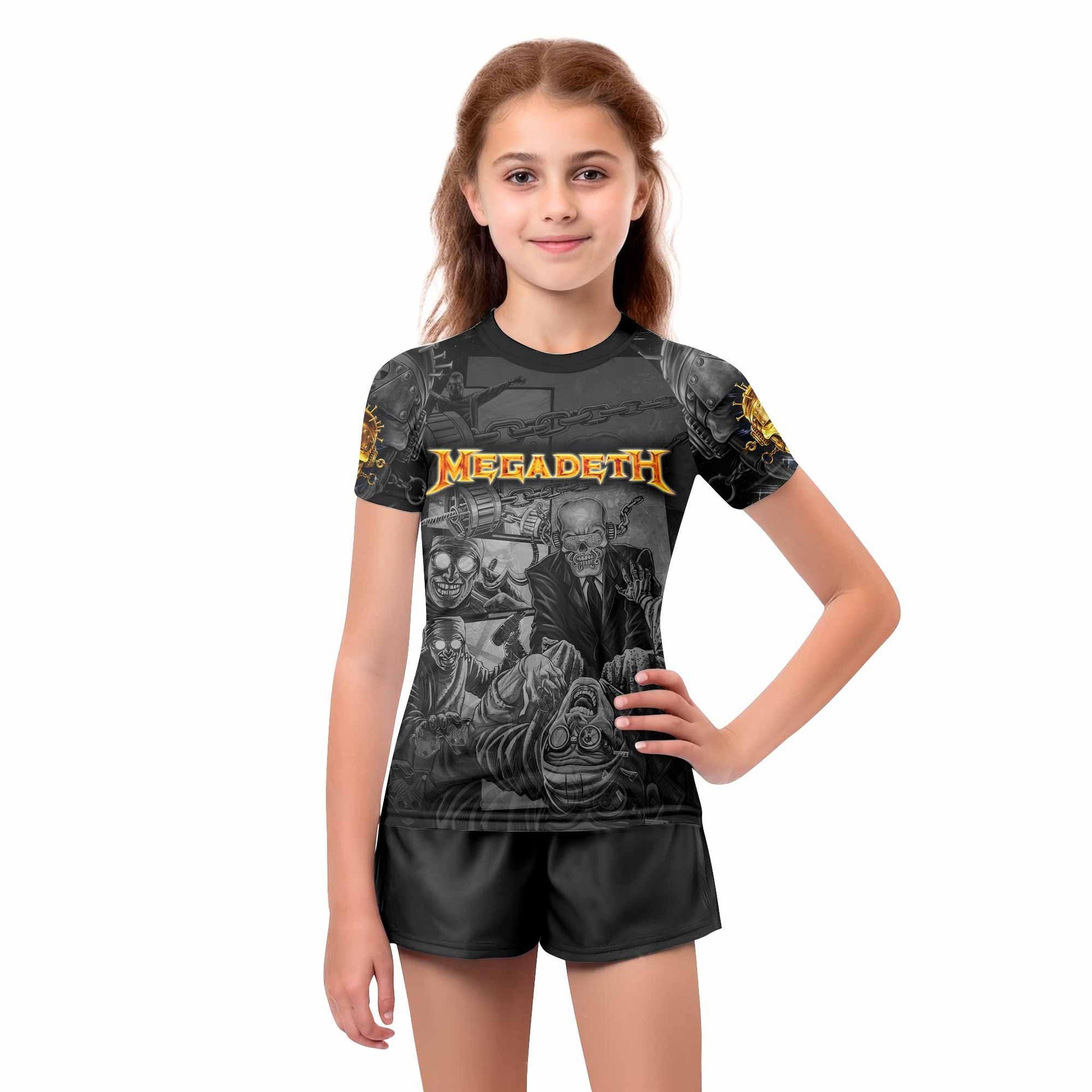 Megadeth Bloodstock Euro Tour Kids Rash Guard Short Sleeve - girl's lifestyle view