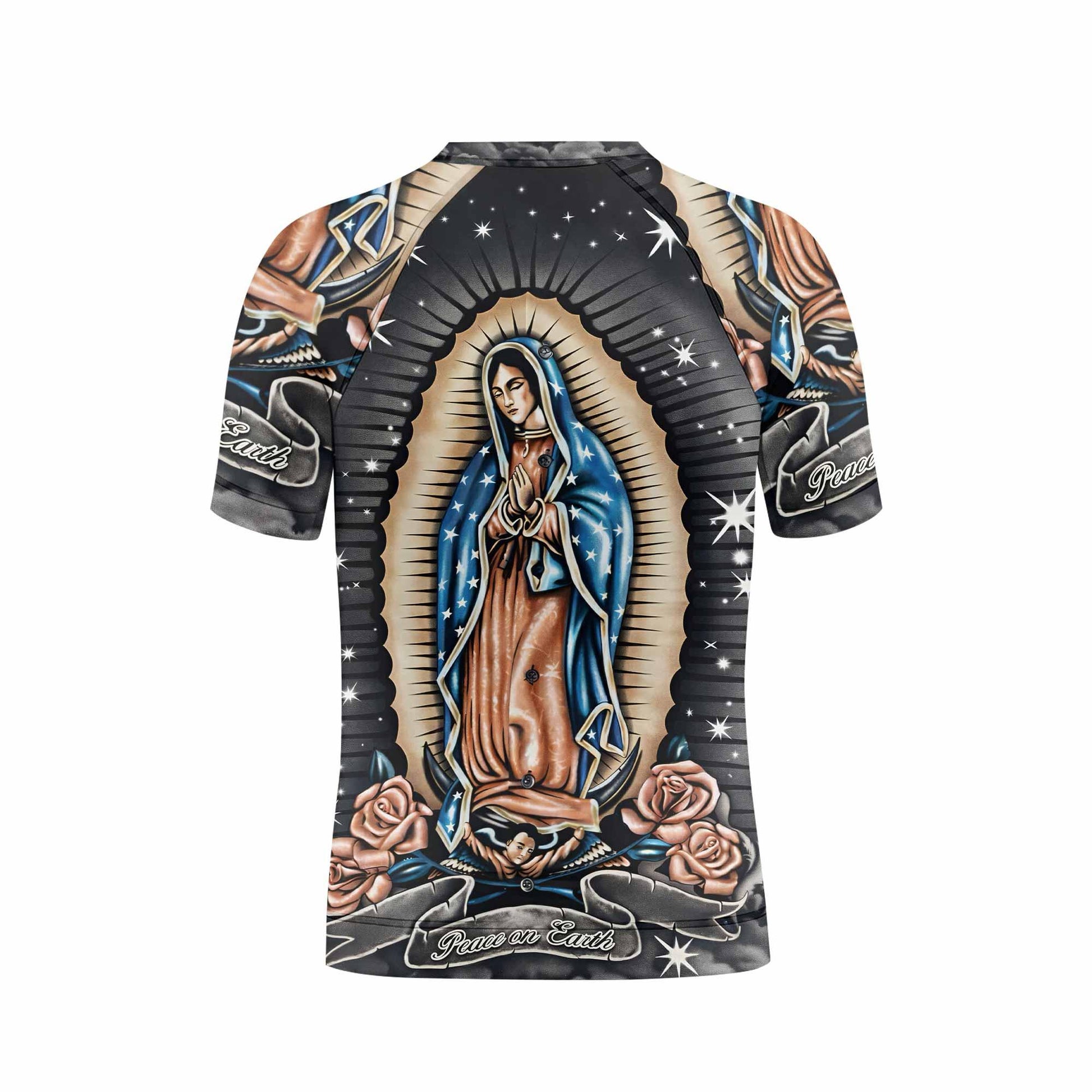 Peace on Earth Kids Rash Guard Short Sleeve - back view mockup