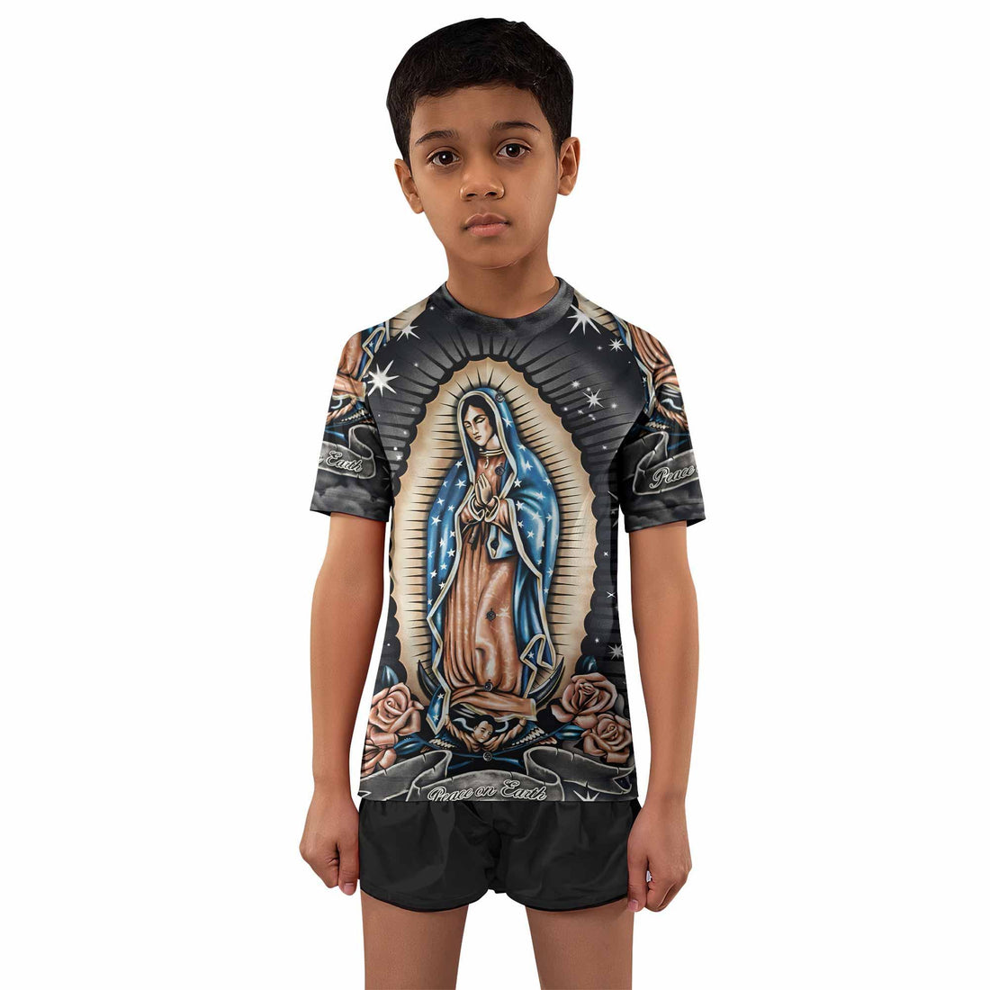 Peace on Earth Kids Rash Guard Short Sleeve - front and back view