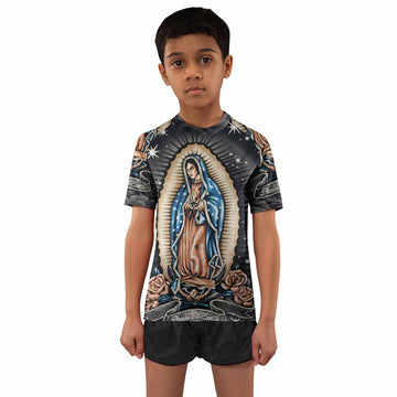 Peace on Earth Kids Rash Guard Short Sleeve - front and back view