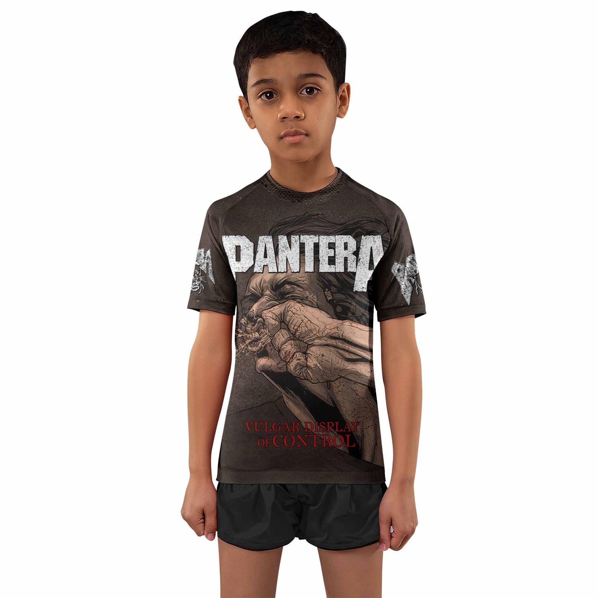 Pantera Vulgar Display Of Control Kids Rash Guard Short Sleeve - front and back view