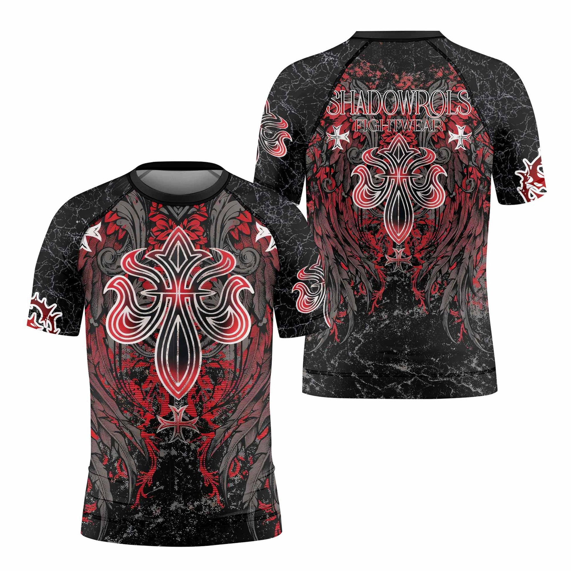 Crimson Faith Cross Kids Rash Guard Short Sleeve - front and back view