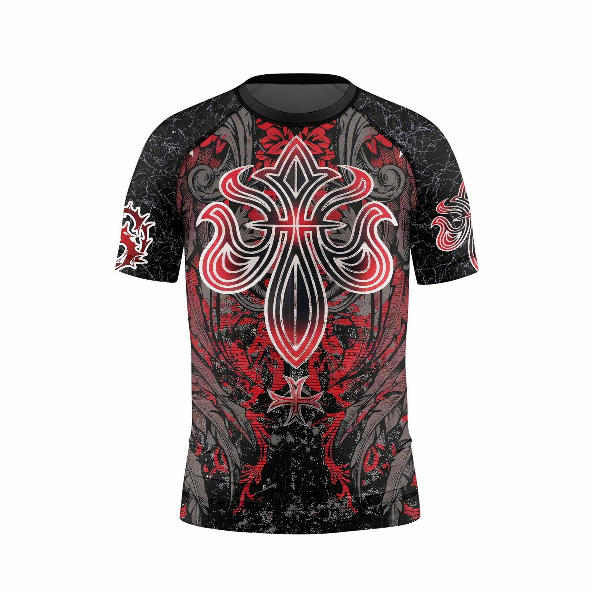 Crimson Faith Cross Kids Rash Guard Short Sleeve - front view mockup