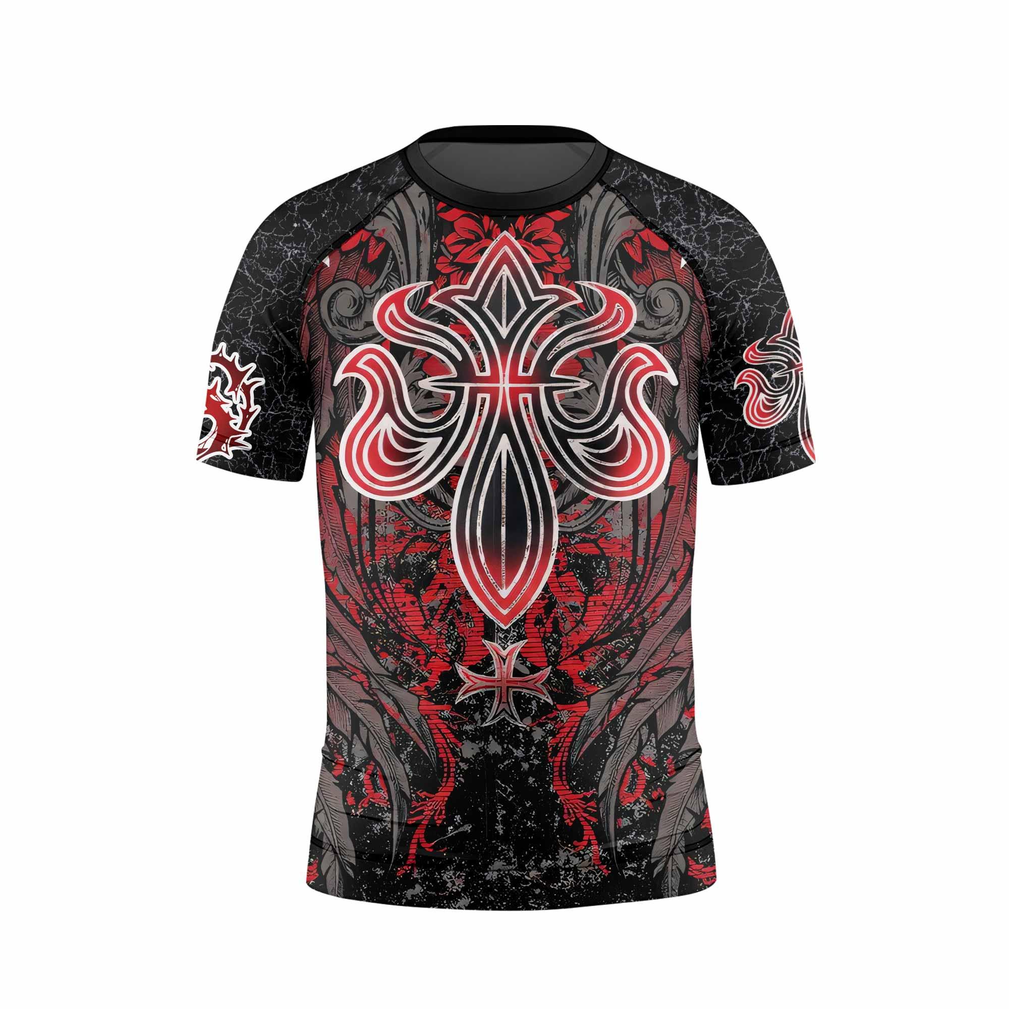 Crimson Faith Cross Kids Rash Guard Short Sleeve - front view mockup