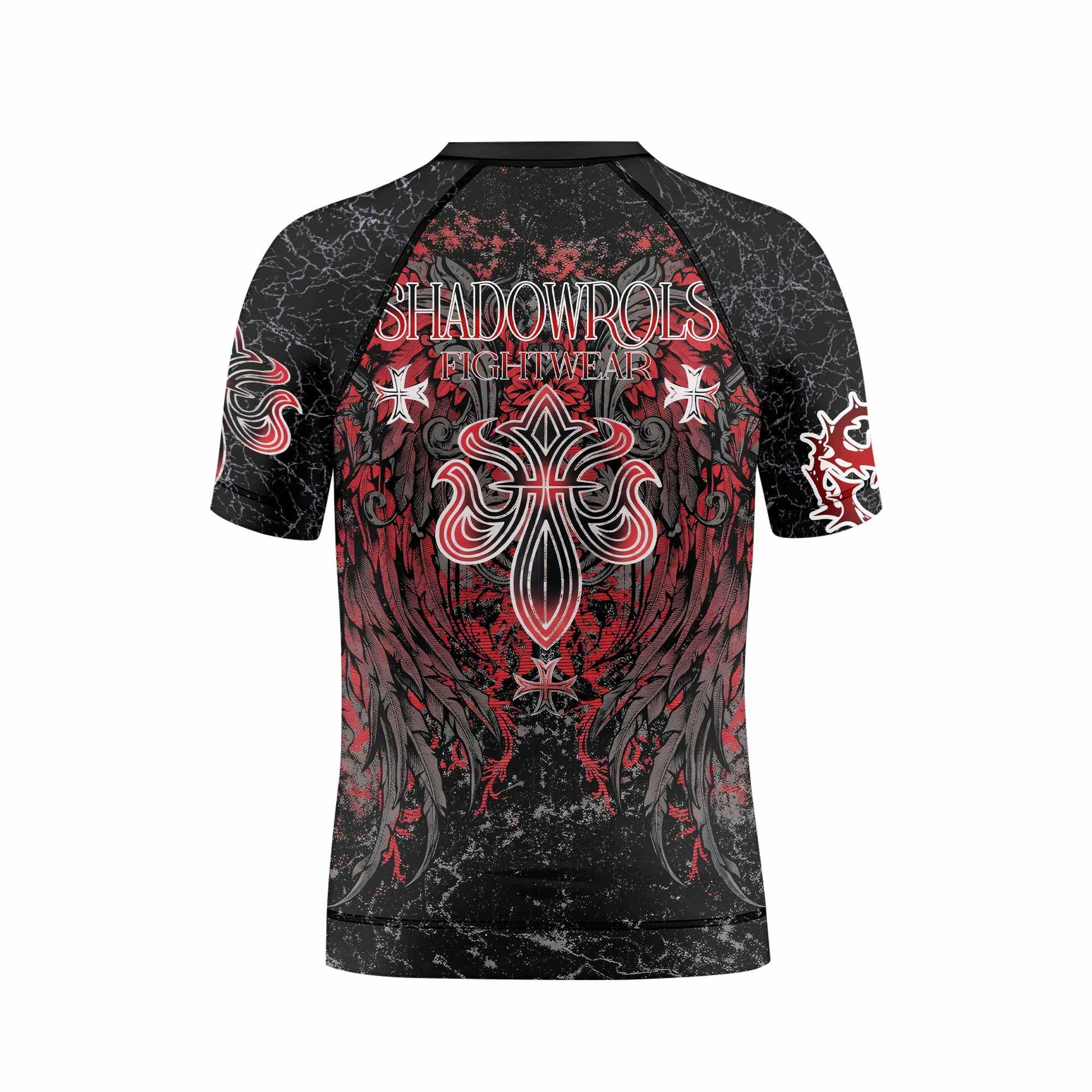 Crimson Faith Cross Kids Rash Guard Short Sleeve - back view mockup